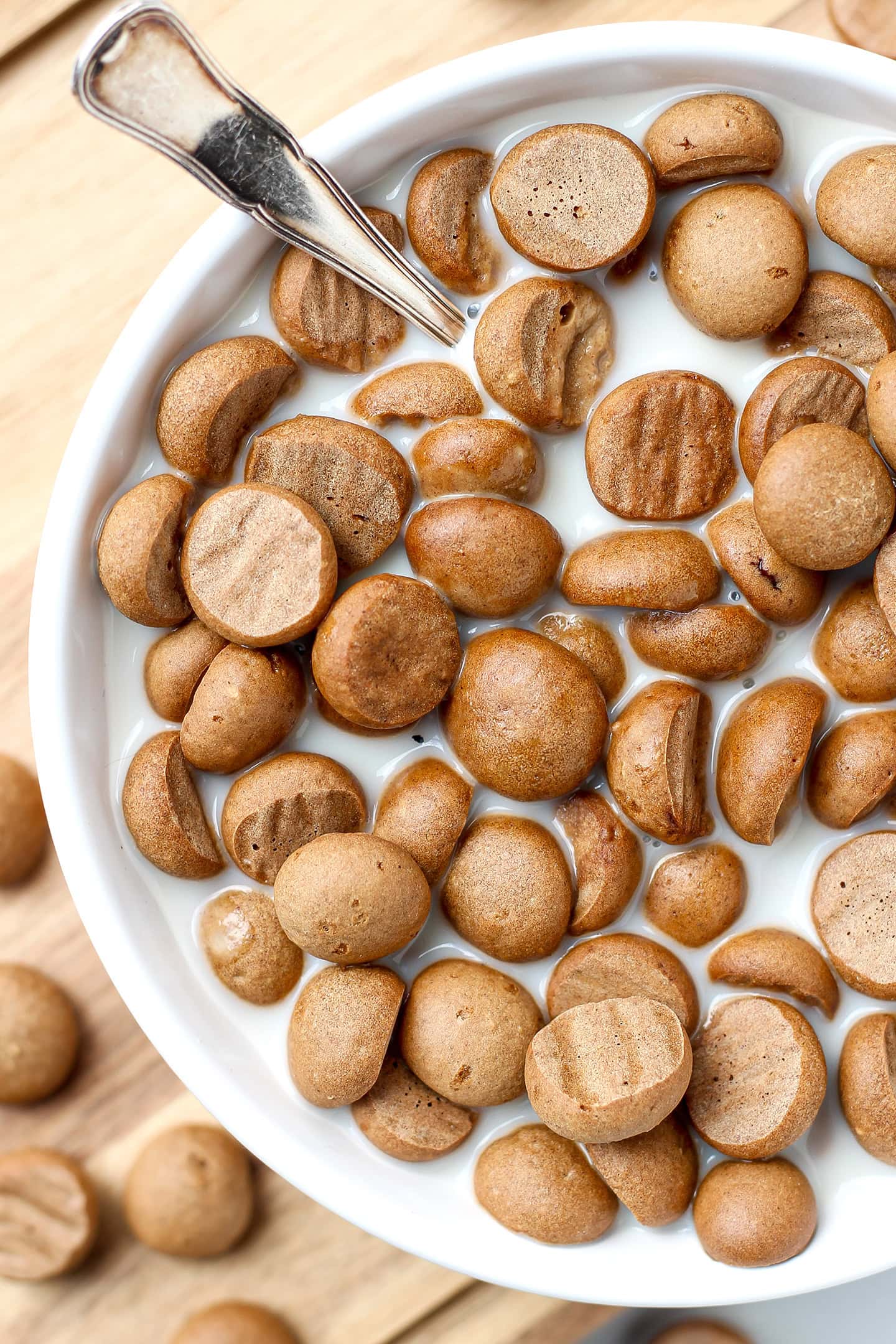 Close-up of a bowl filled with milk and homemade cinnamon cereal.