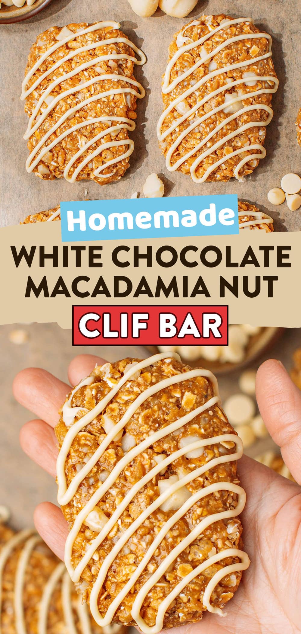 These white chocolate macadamia nut granola bars are chewy, lightly crunchy, and packed with macadamia nuts and rice crisps. Finished with a white chocolate drizzle, they taste like an upgraded homemade Clif Bar!