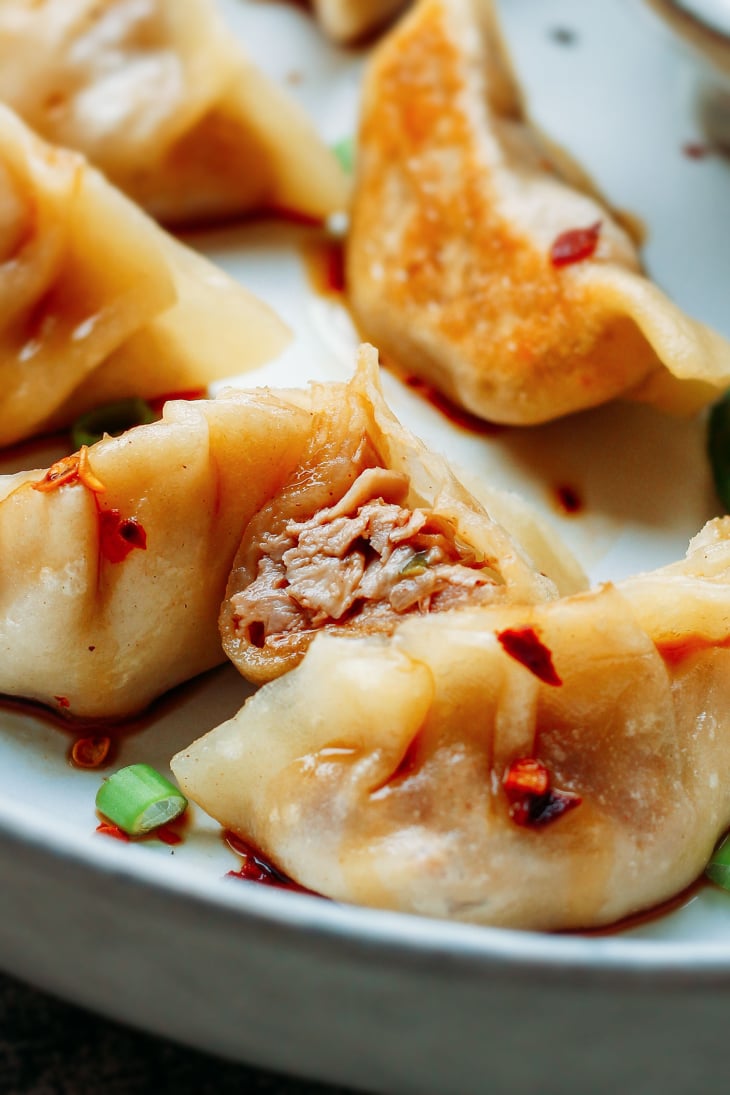 Close-up of jackfruit dumplings on a plate.