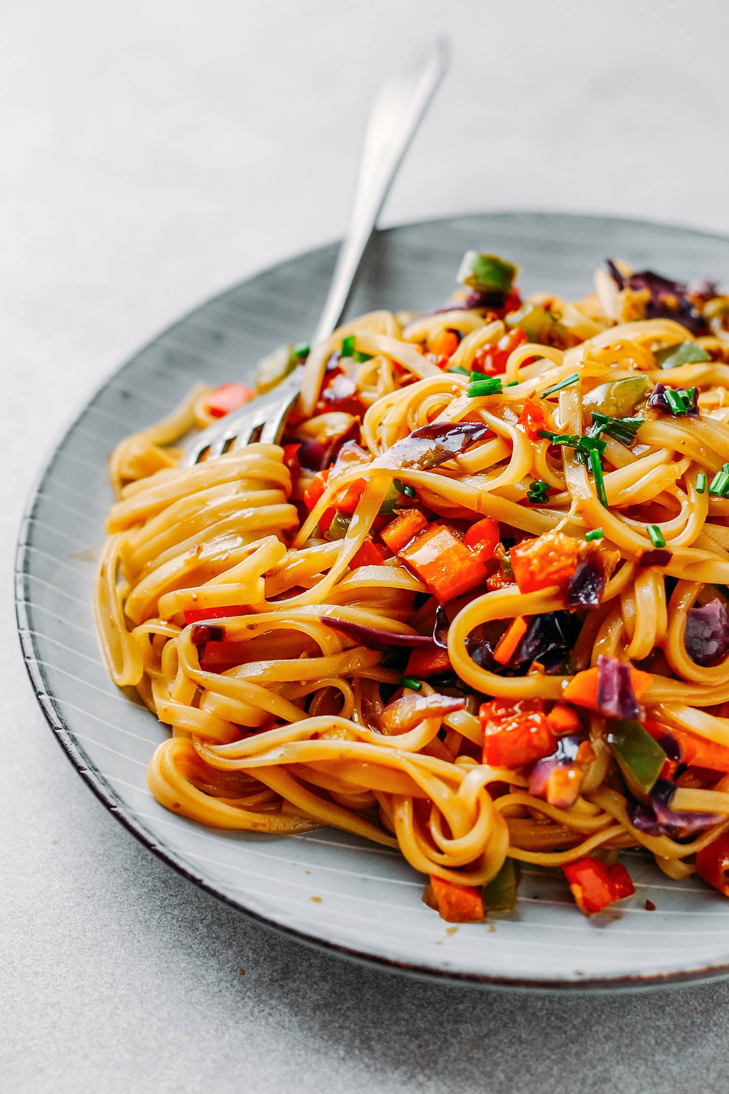 Close-up of Korean-inspired sautéed noodles.
