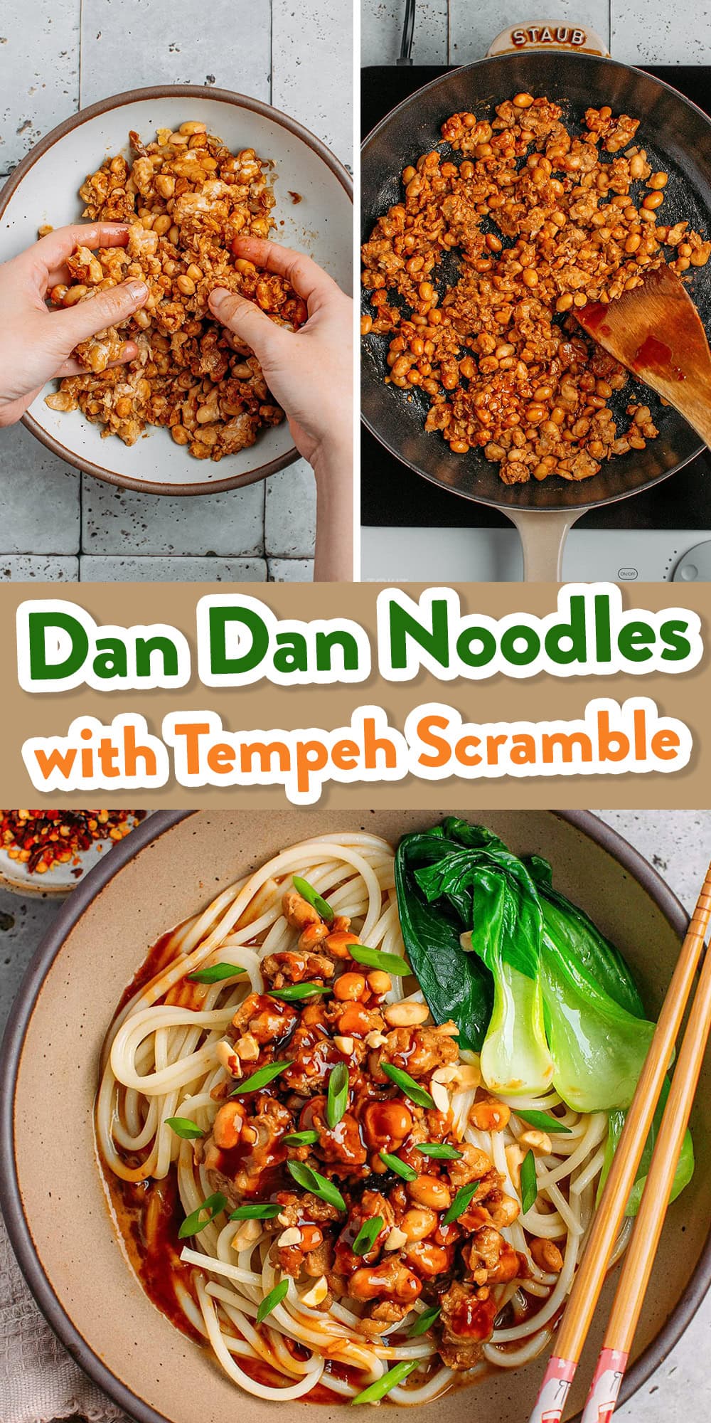 These Chinese-inspired vegan Dan Dan noodles are tossed with a spicy Sichuan sauce and topped with meaty tempeh scramble, roasted peanuts, and fresh scallions. They're incredibly saucy, full of umami, and so satisfying!