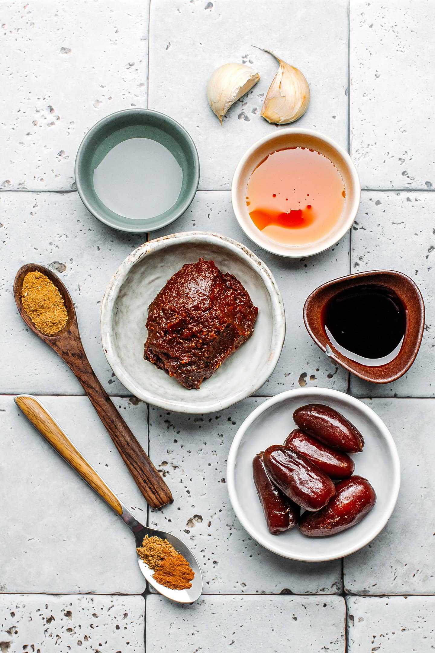 Ingredients like soybean paste, maple syrup, sesame oil, and garlic.