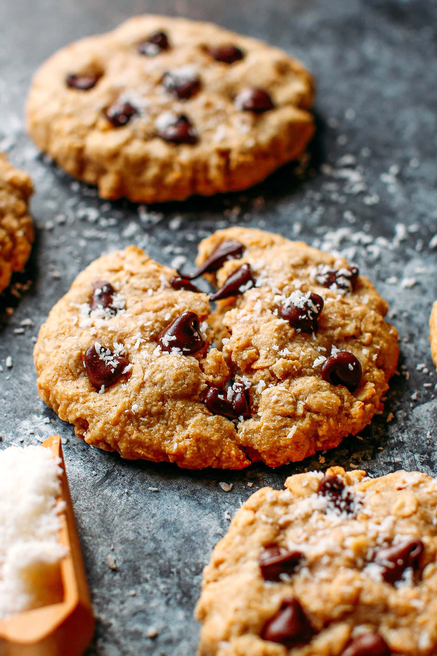 Oat and coconut cookies topped with chocolate chips and shredded coconut.