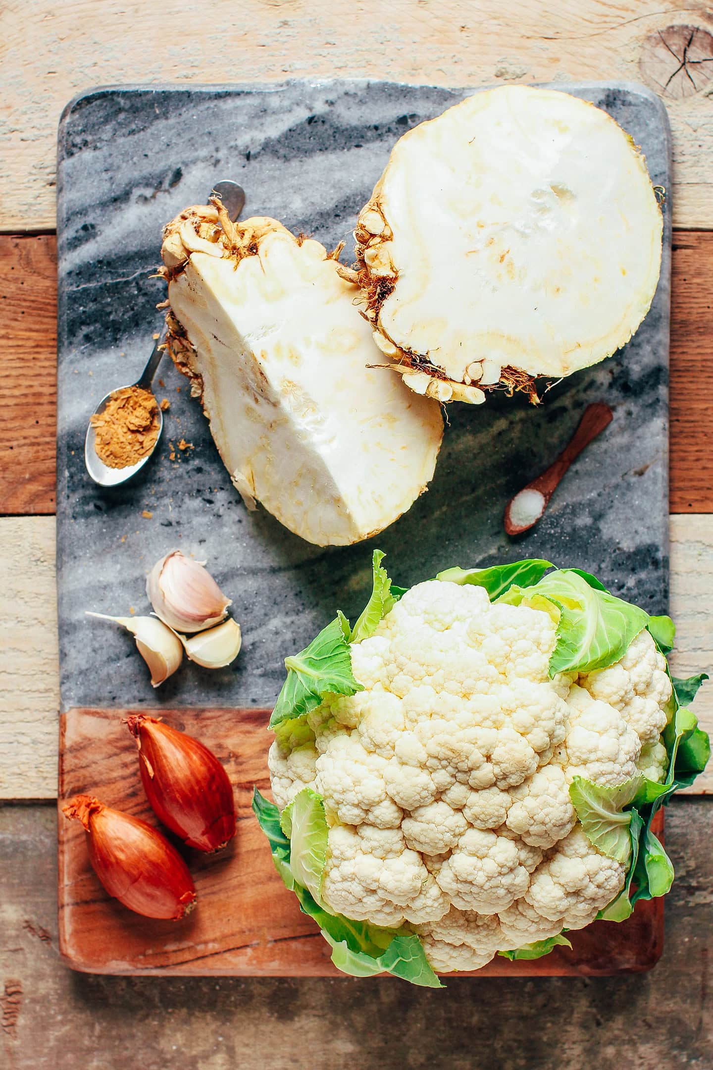 Ingredients like celery root, cauliflower, shallots, garlic, and nutritional yeast.
