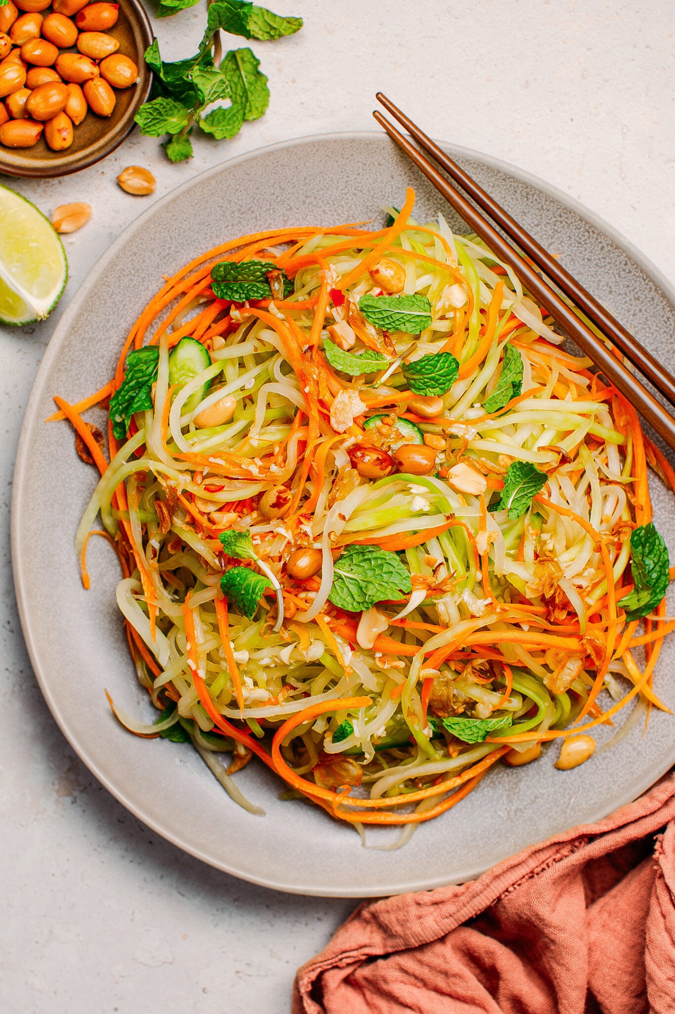 Vietnamese green papaya salad with carrots, mint, and peanuts.