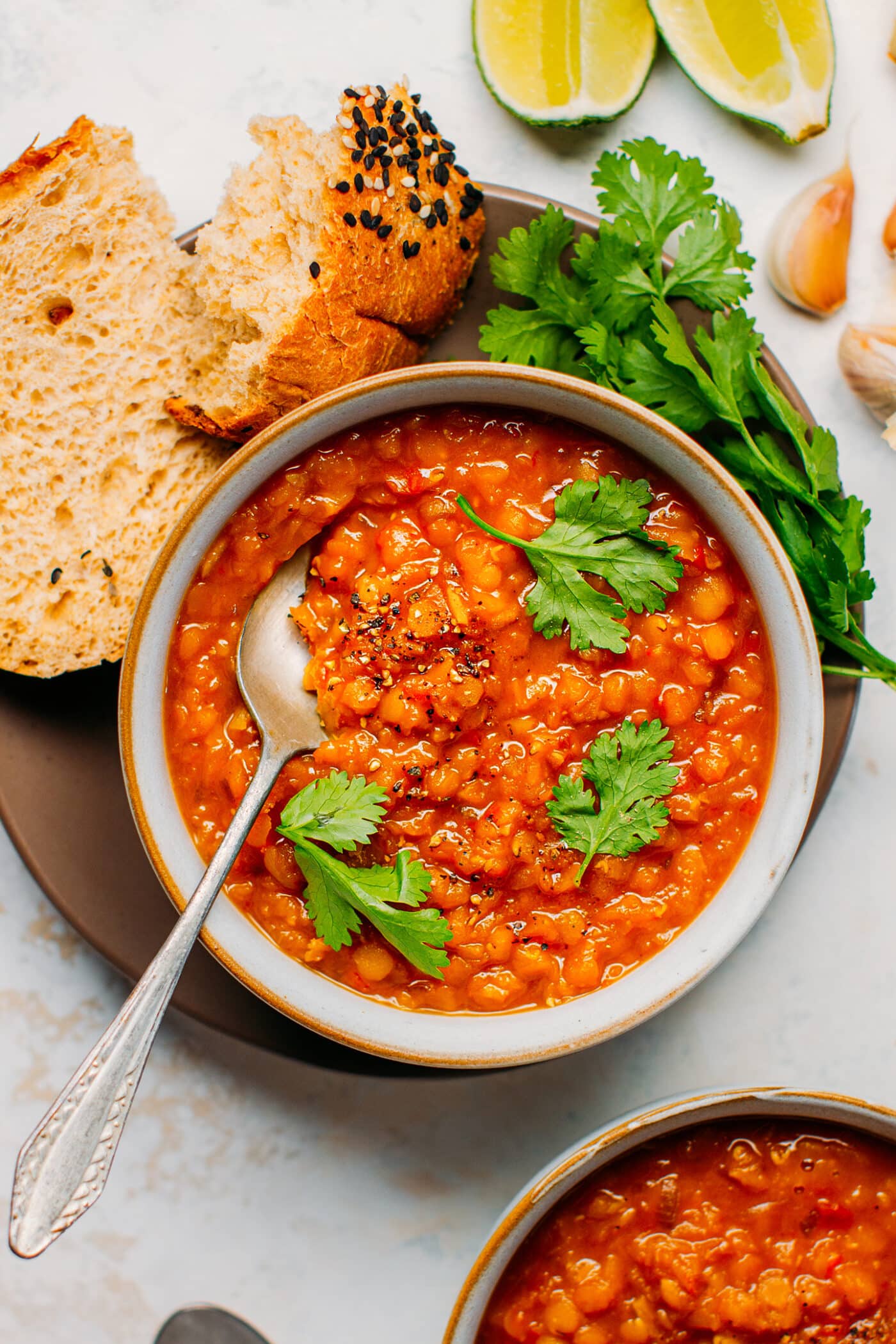1-Pot Sweet & Sour Red Lentil Soup topped with cilantro.