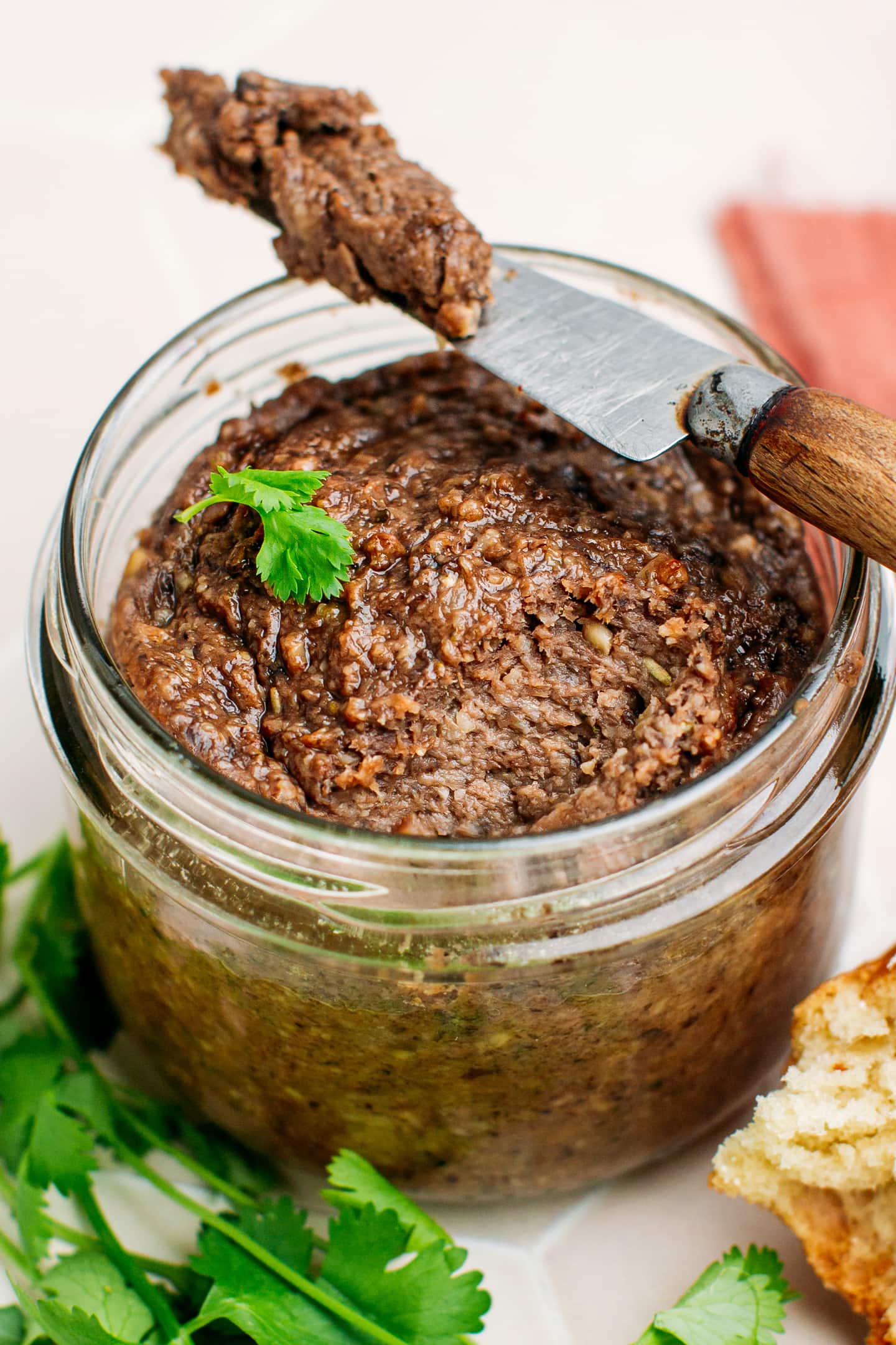 Close-up of vegan pâté in a jar.