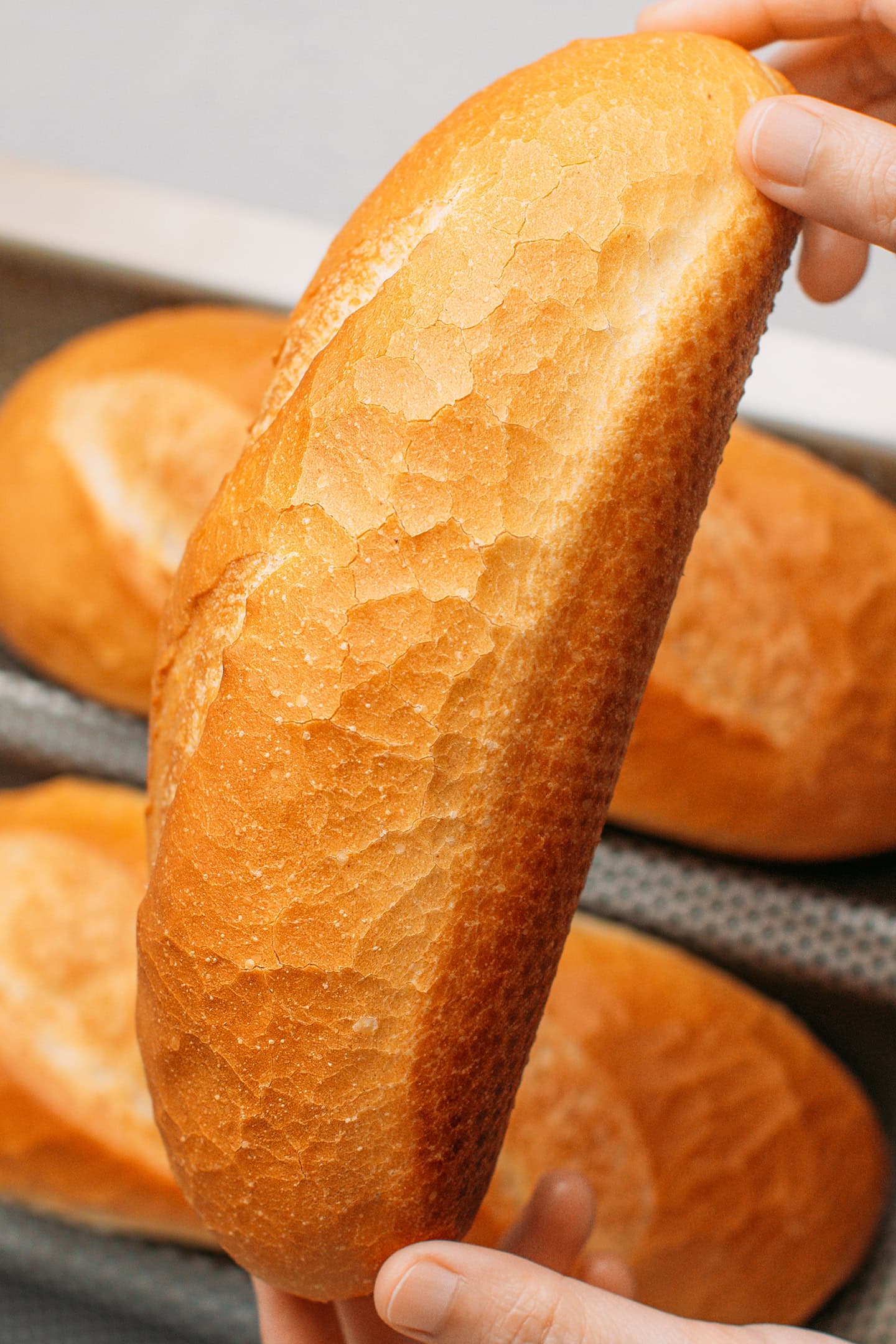 Close-up of eggshell crust on banh mi bread.