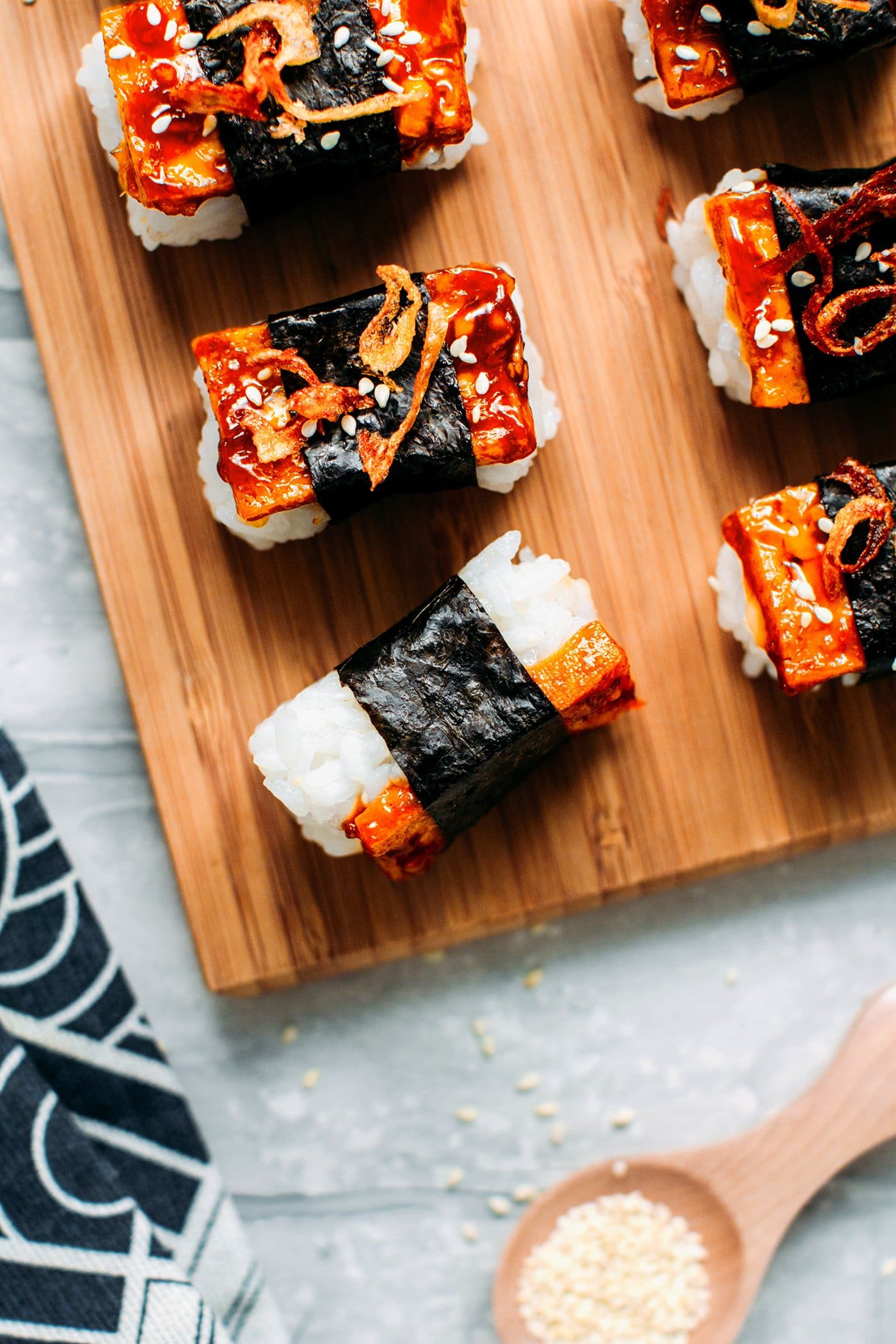 Teriyaki Tofu Nigiri with Crispy Shallots