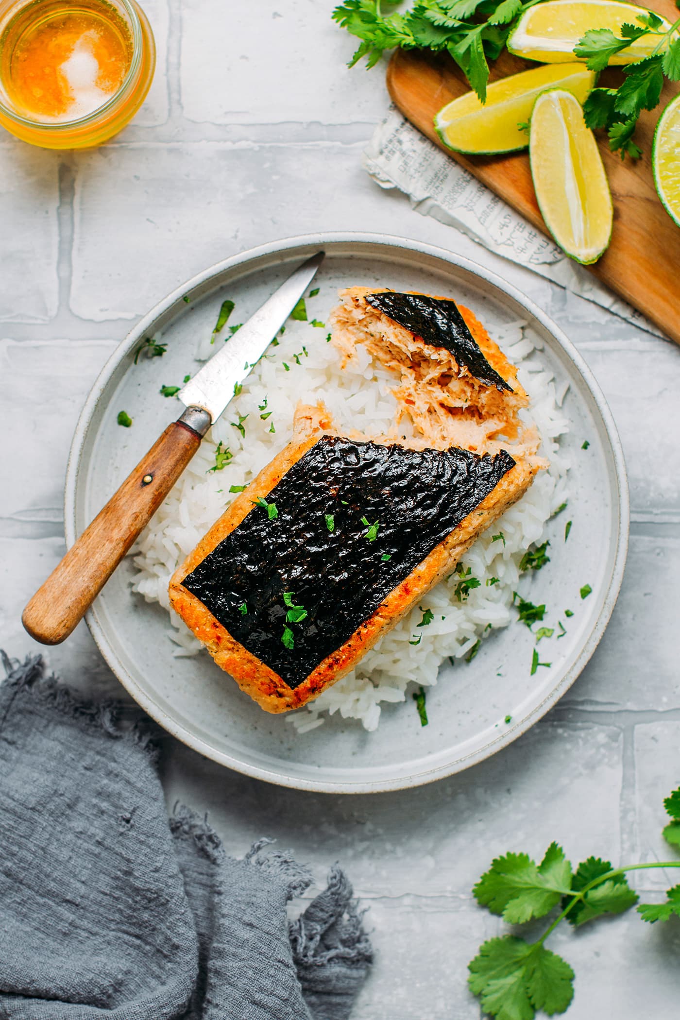 Vegan Fish Fillet on a bed of rice.