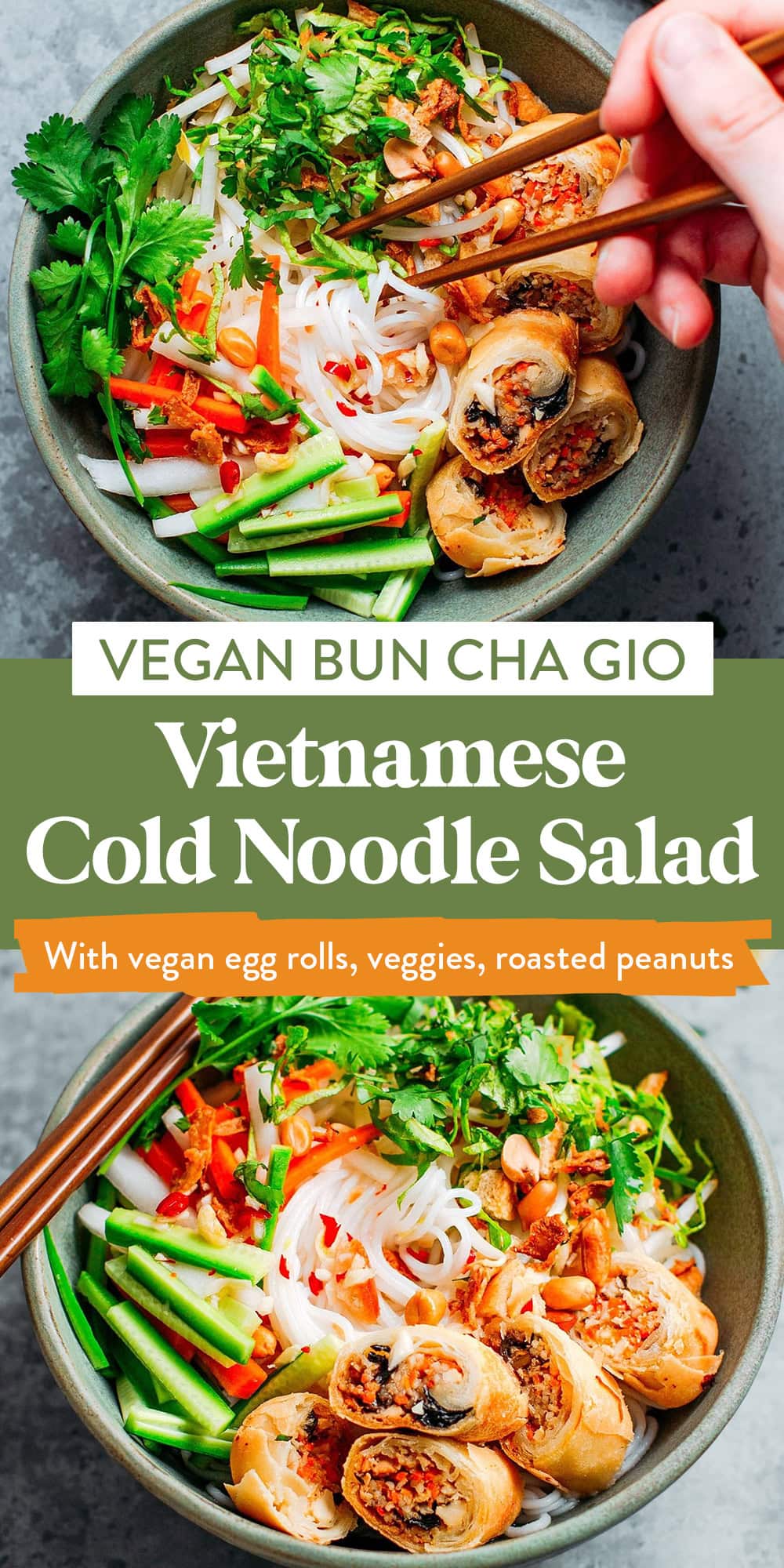 Vietnamese-inspired cold noodle salad topped with homemade egg rolls, crunchy pickles, peanuts, fried onions, and a delicious spicy sauce! It's fresh, healthy, easy, and delicious!