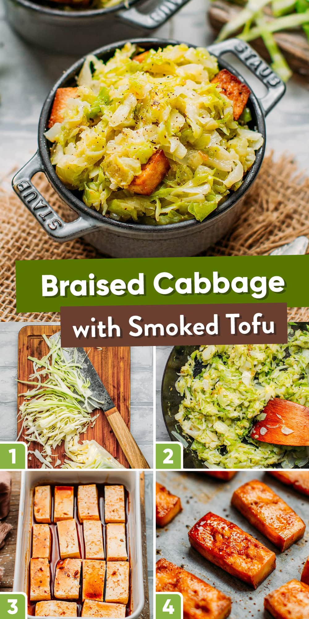 Green cabbage braised until caramelized, and served with smoky and spicy baked tofu! A quick, nourishing, and flavorful plant-based dish! Just 6 ingredients required!
