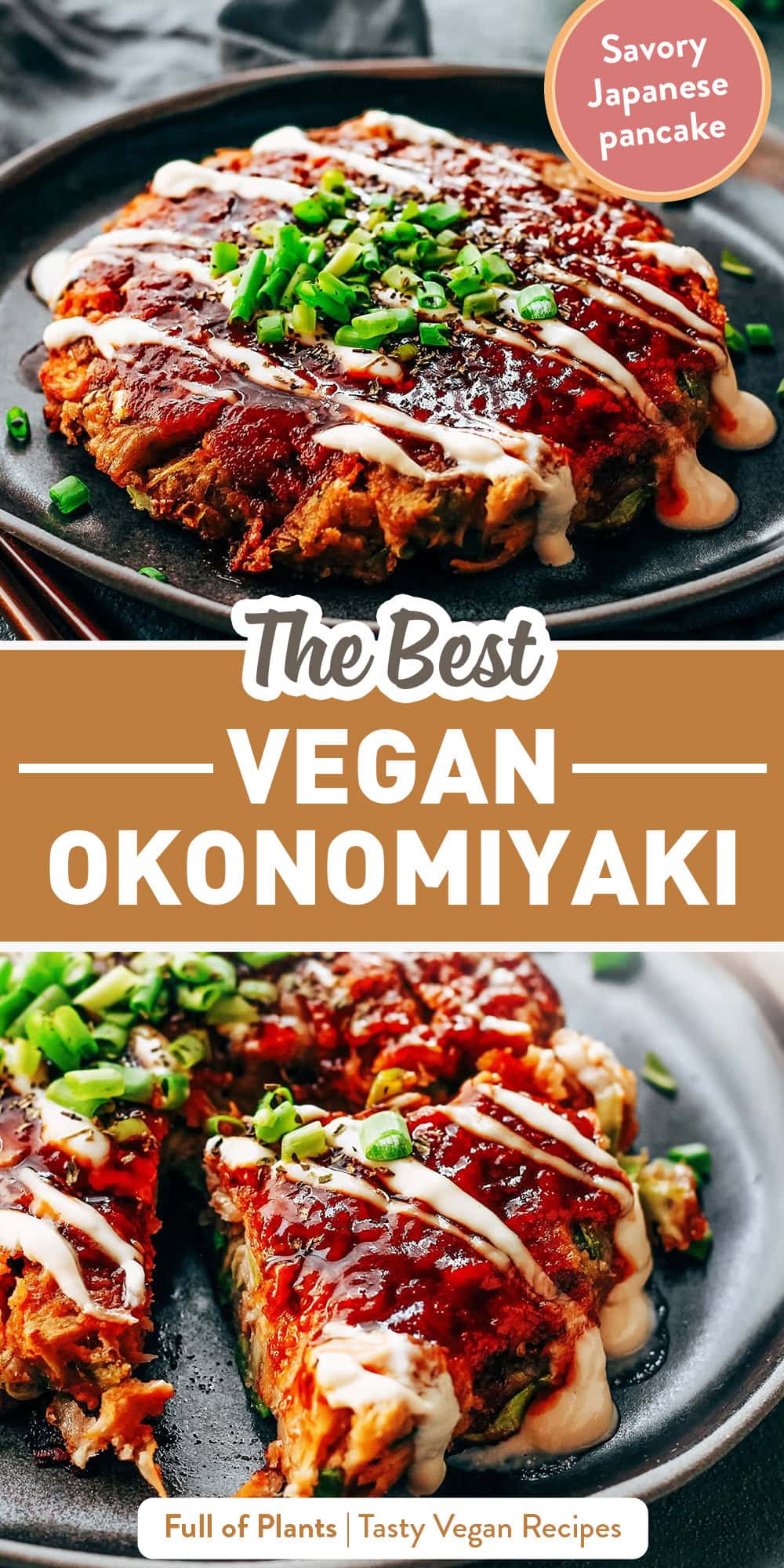 Perfectly tender Okonomiyaki that is loaded with shredded cabbage, marinated sesame jackfruit, and green onions. Sweet, spicy, and tangy, Okonomiyaki is a flavorful and hearty meal!