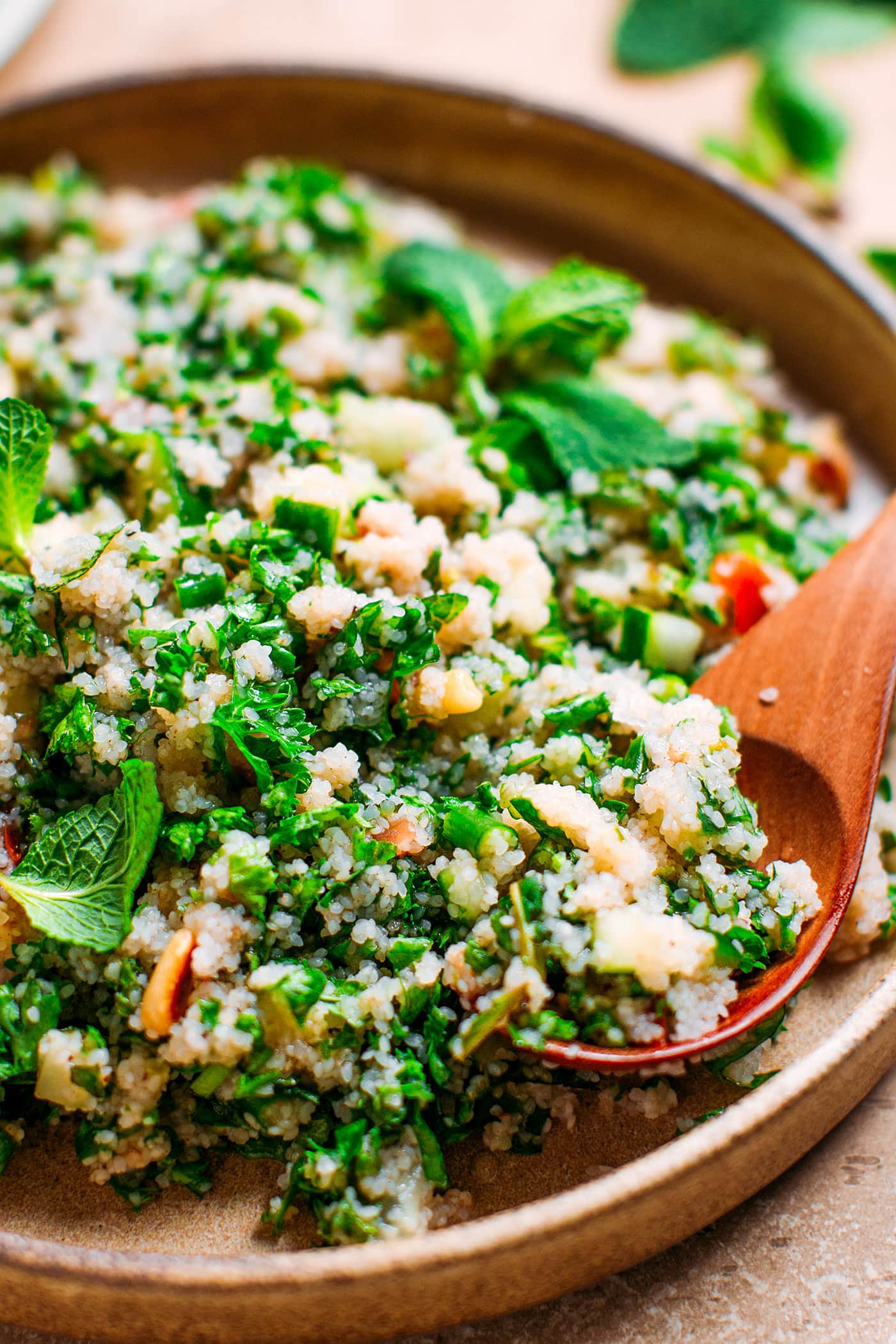 Close up of fonio tabbouleh.