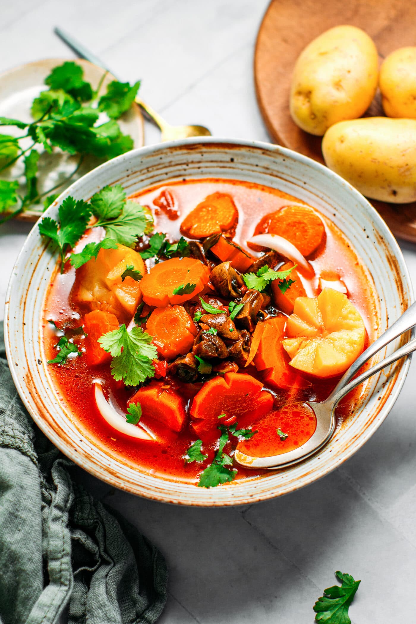 Vietnamese stew with carrots, potatoes, and mushrooms in a bowl.