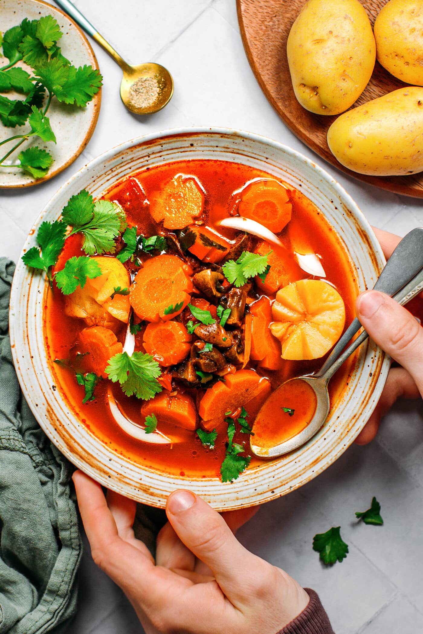 Vietnamese stew with carrots, potatoes, and mushrooms in a bowl.