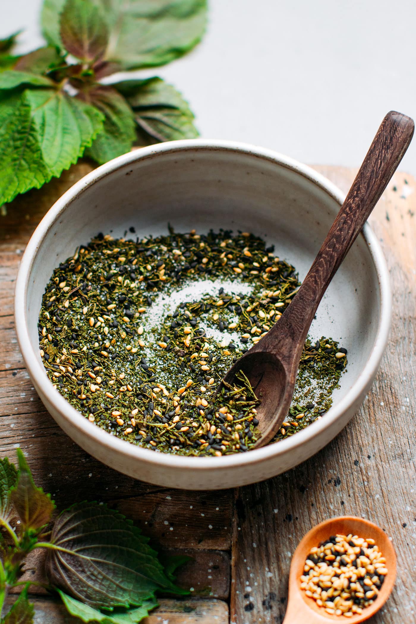 Shiso furikake in a bowl with toasted sesame seeds