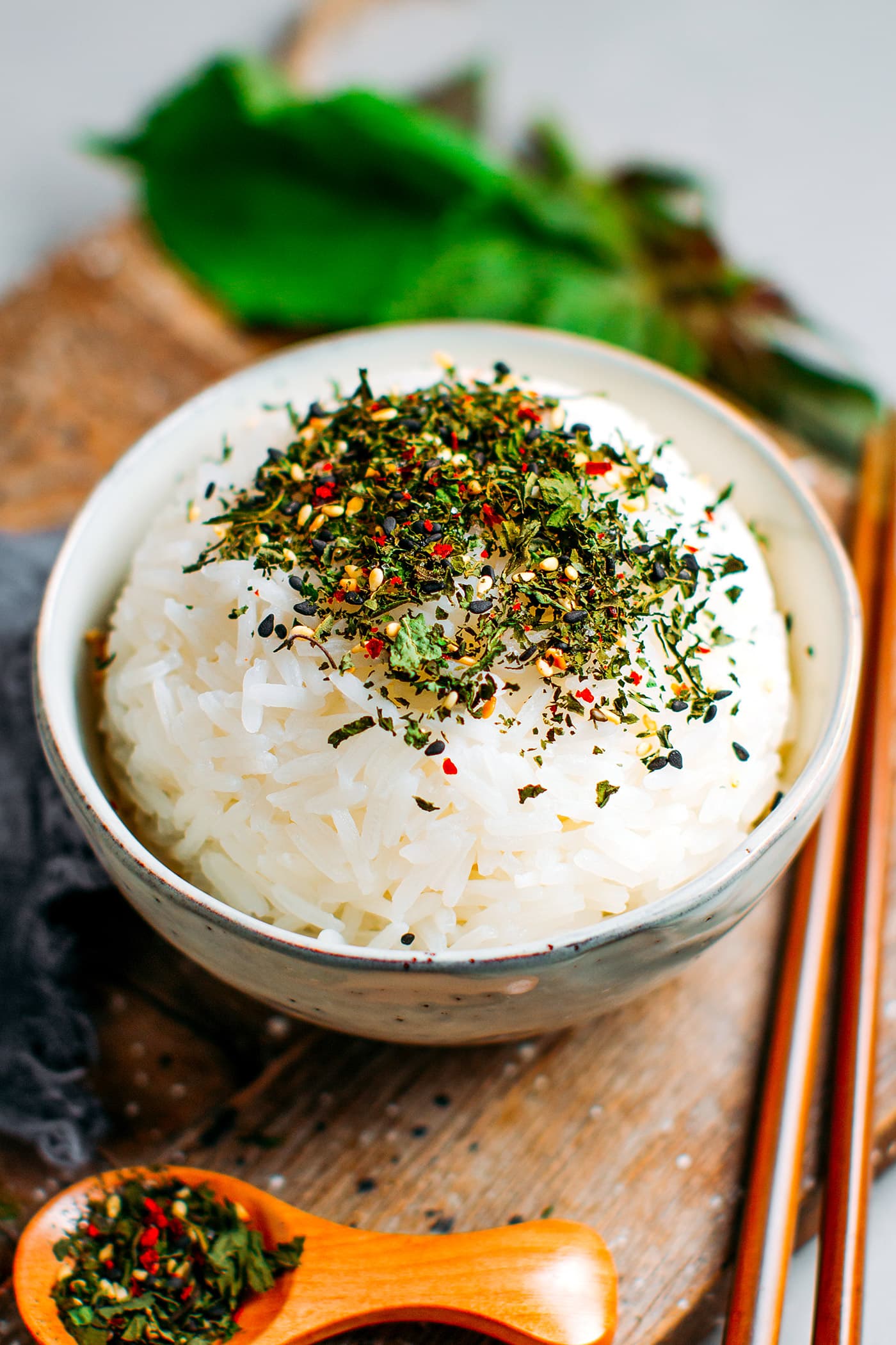 Shiso furikake on top of cooked rice.