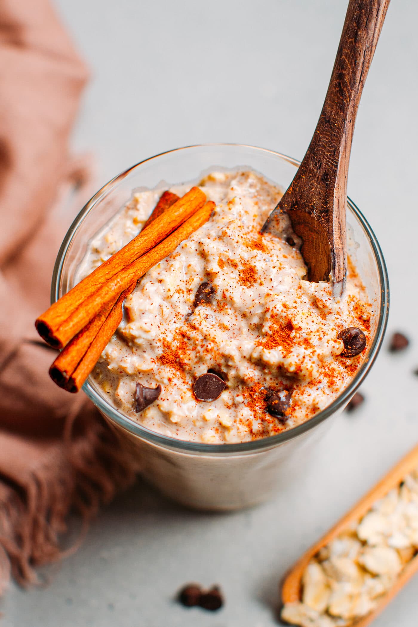 Overnight oats with chai spices, chocolate chips, and cinnamon.