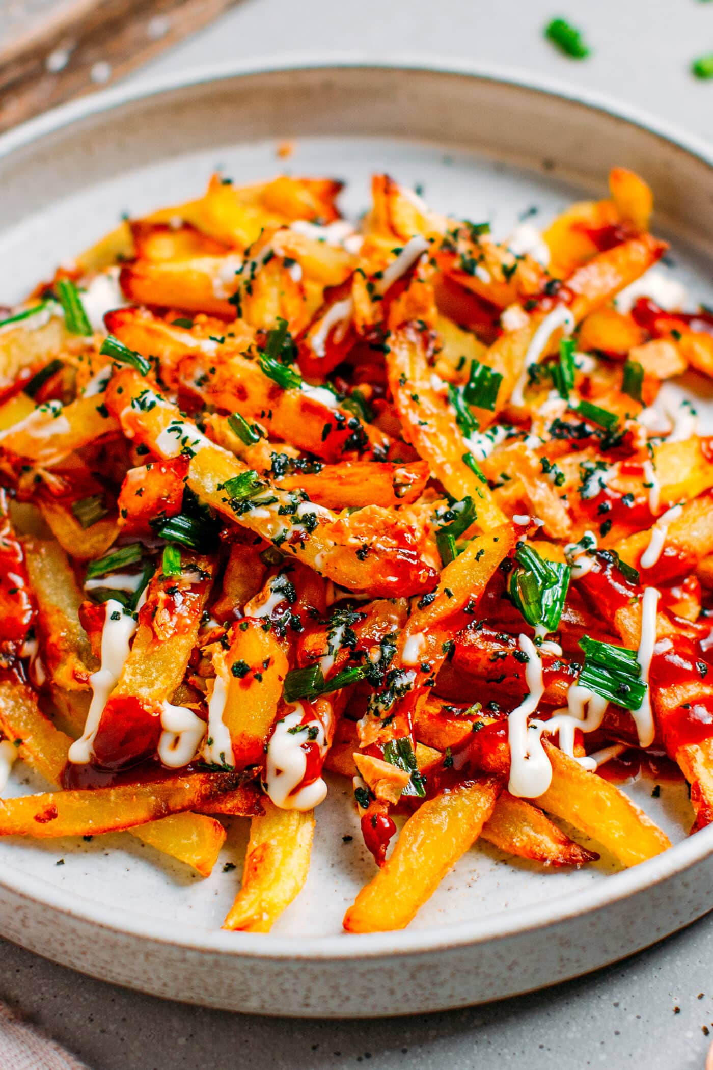 Close up of French fries topped with okonomiyaki sauce, mayo, aonori, and green onions.