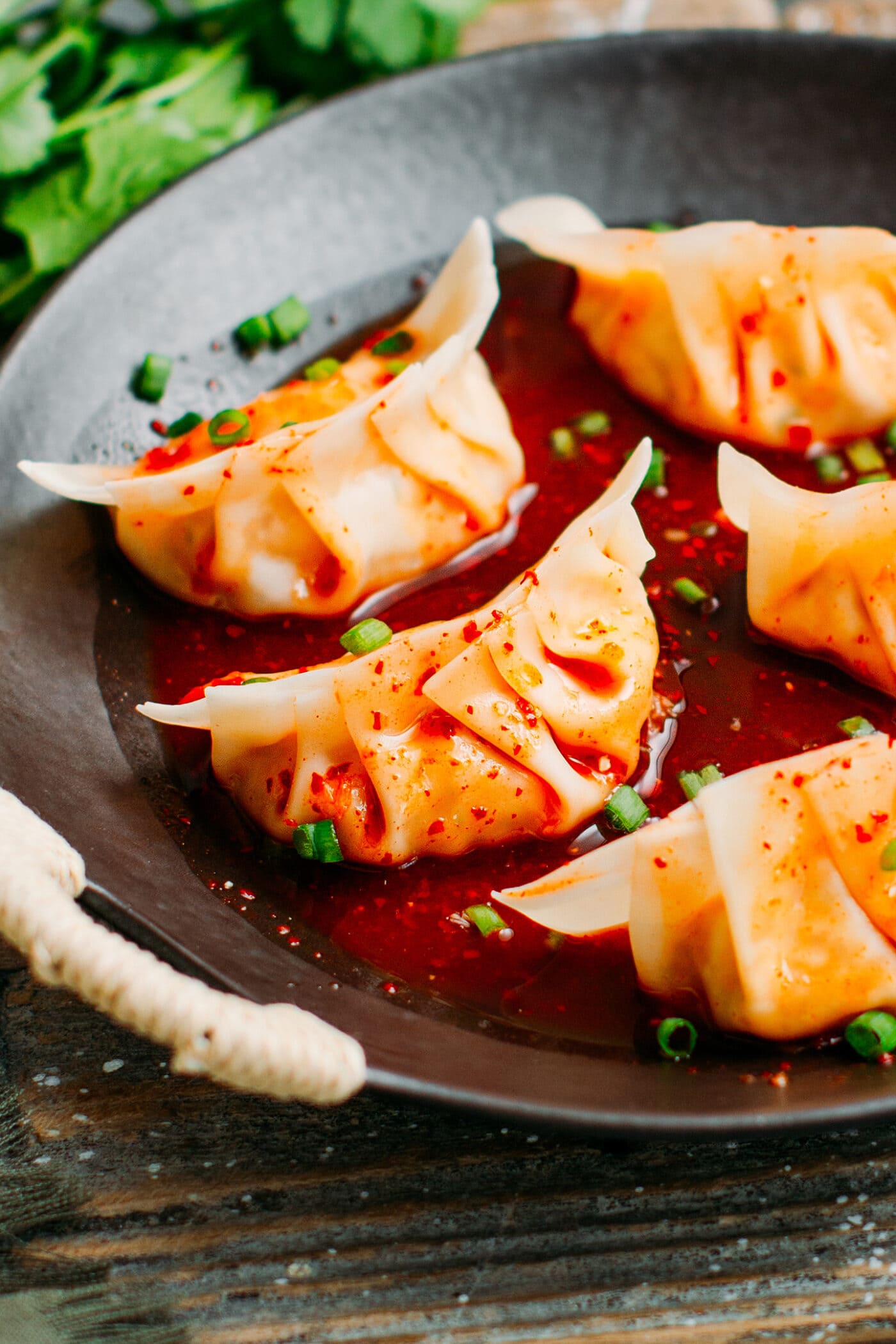 Close up of vegan kimchi dumplings.