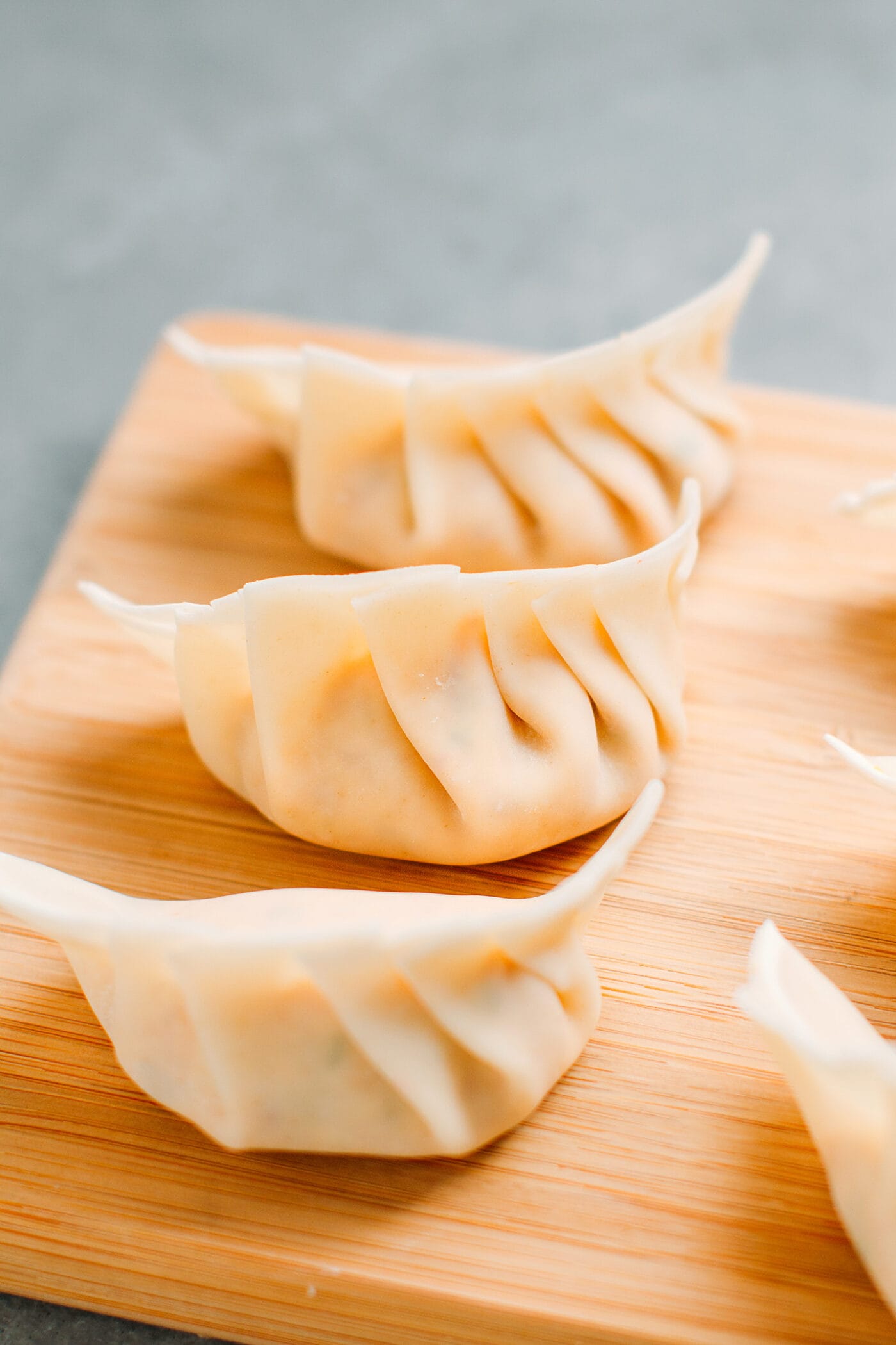 Close up of wrapped dumplings.