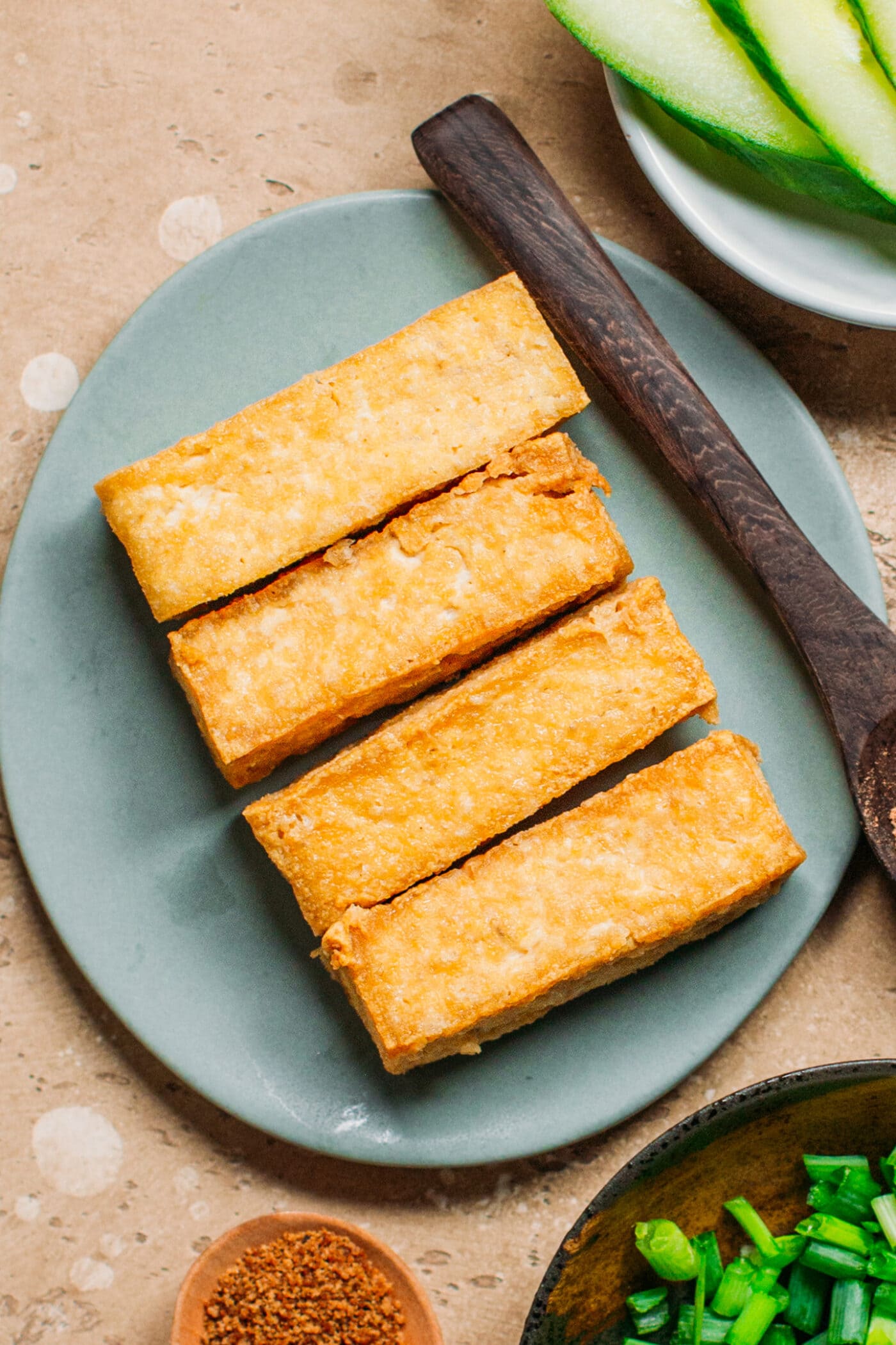 Close up of fried tofu.