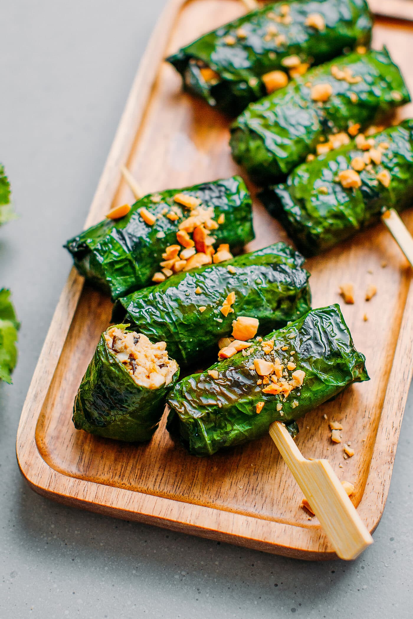 Close up of grilled betel leaves.