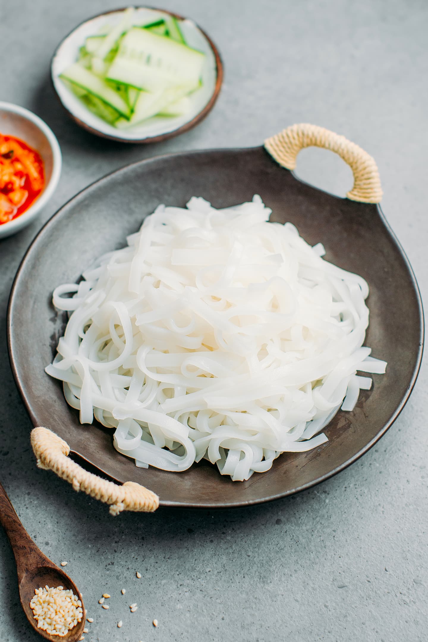 Rice noodles on a plate.