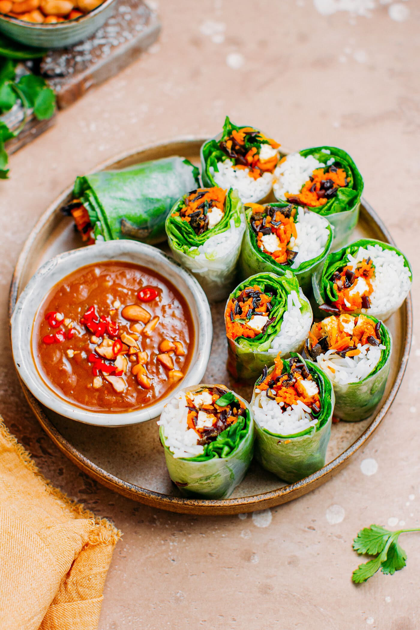 Veggie spring rolls with hoisin peanut dipping sauce.