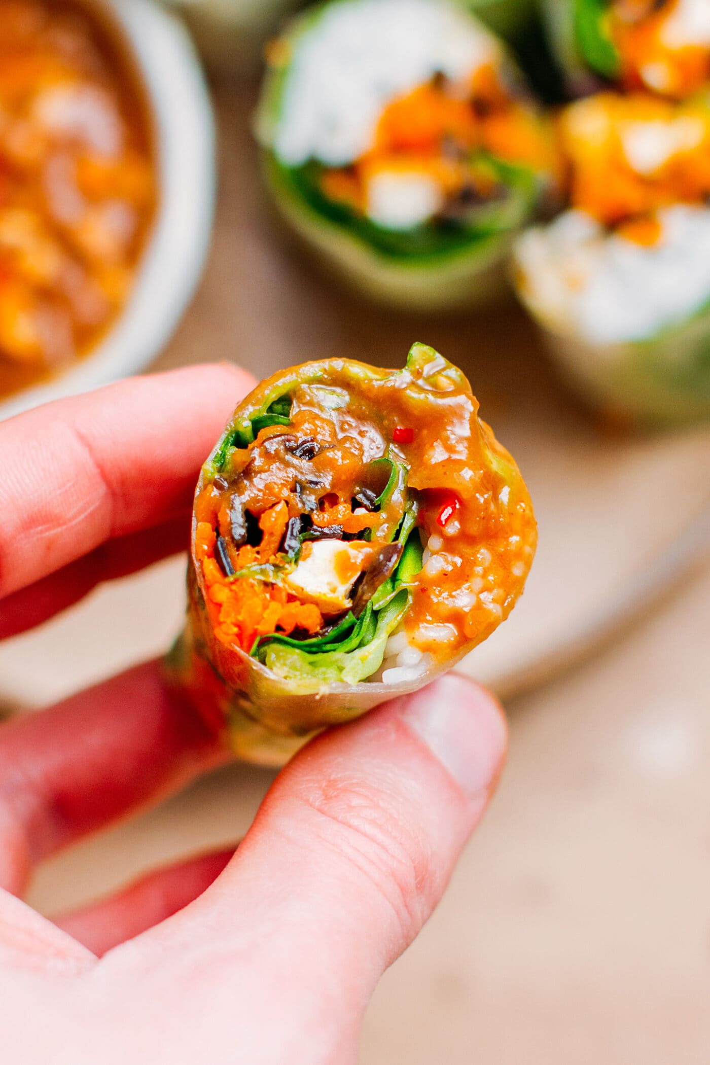 Close up of vegetable spring rolls.