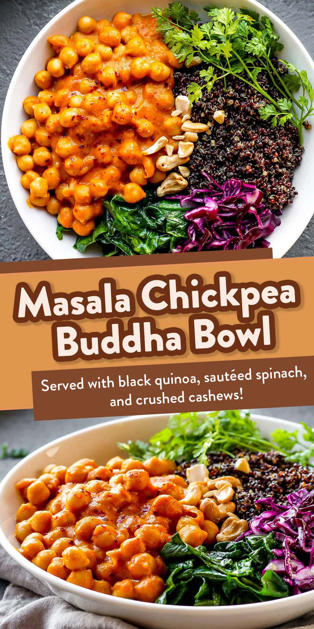 Chickpeas in a delightful masala sauce with garlic sautéed spinach and quinoa. Quick, healthy and packed with protein.