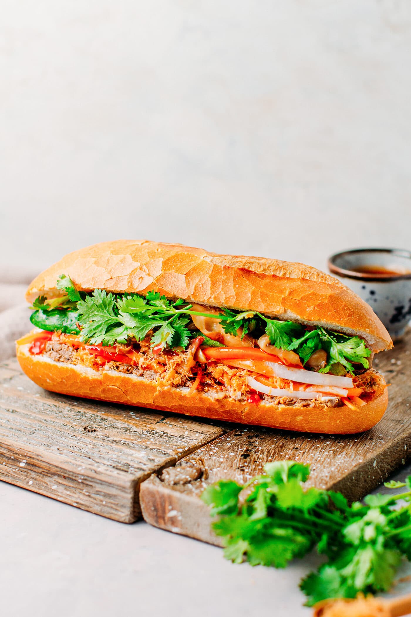 Vegan banh mi sandwich with cilantro, paté, pickles, and meat floss.