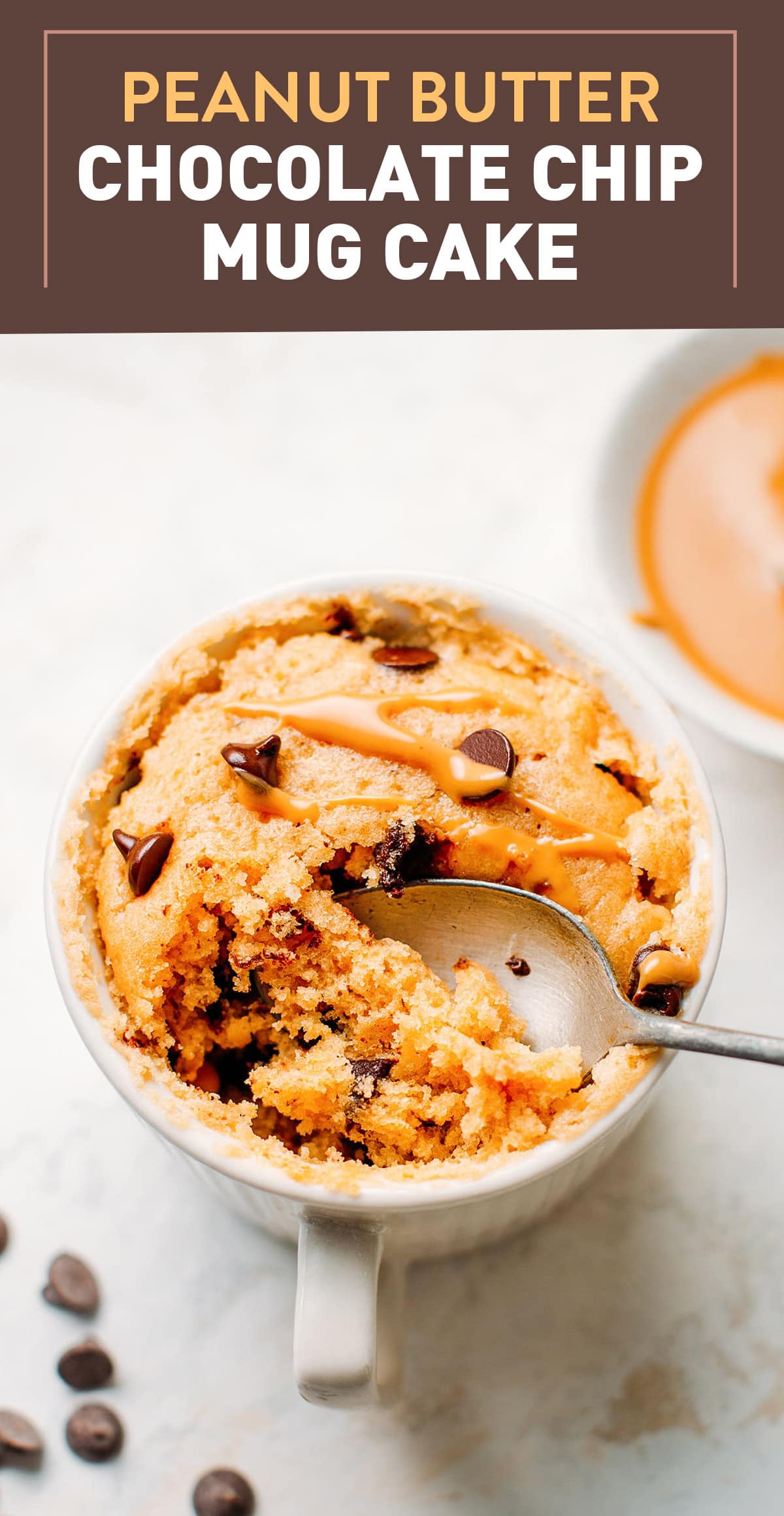 Moist and fluffy peanut butter mug cake loaded with dark chocolate chips! It's vegan and takes just 5 minutes to make in the microwave! The perfect single-serve dessert!
