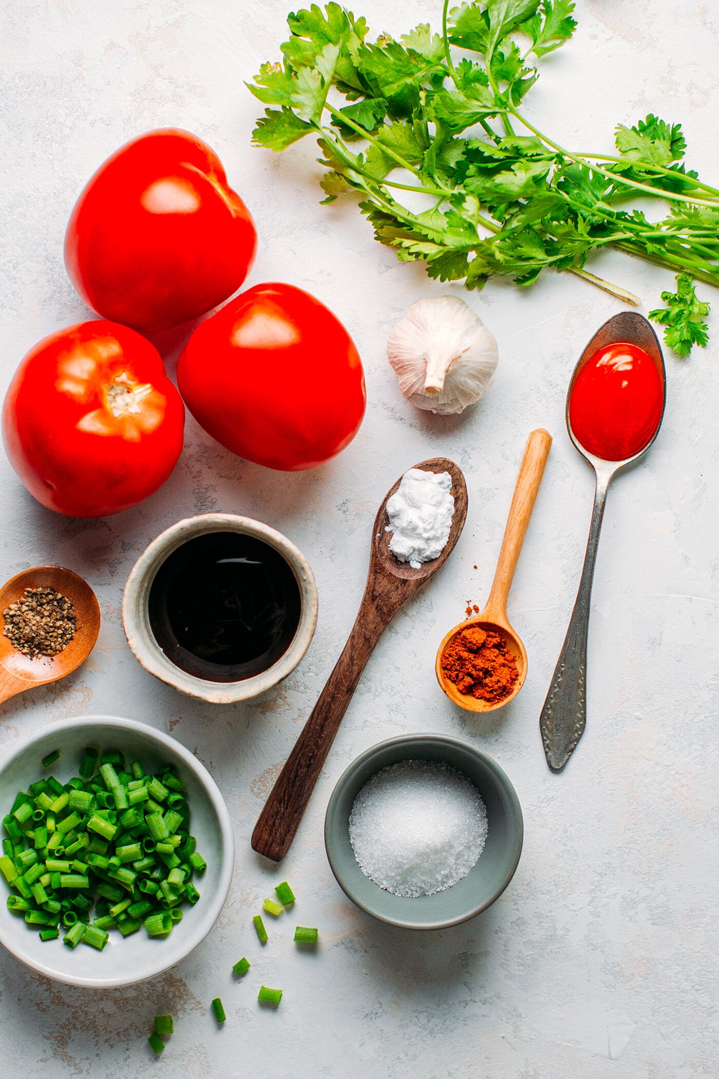 Ingredients like tomatoes, five-spice powder, green onions, oyster sauce, and sugar.