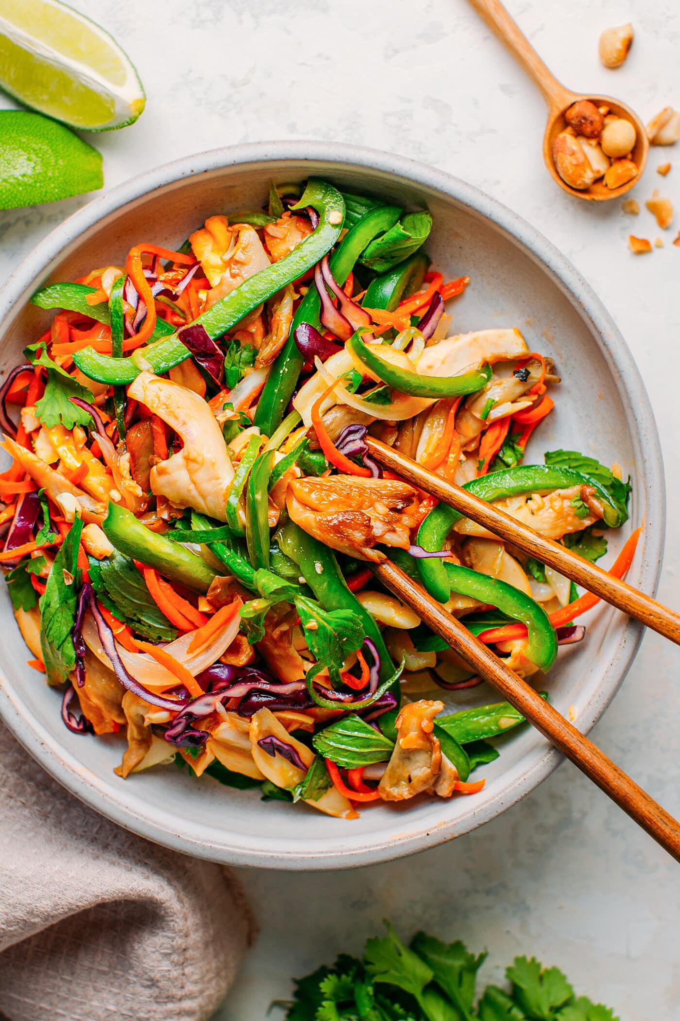 Close up of Vietnamese mushroom salad with chopsticks.