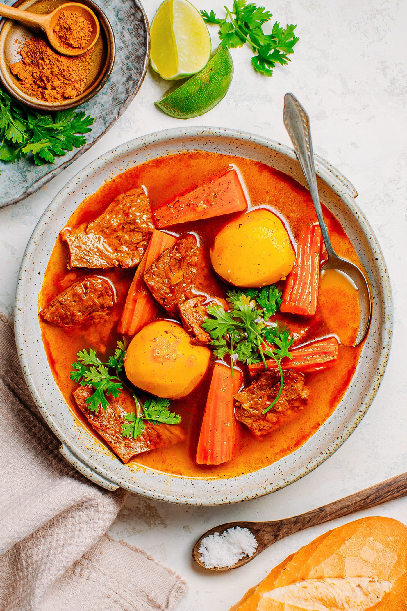 Vietnamese beef stew with vegan beef, potatoes, carrots, and cilantro.