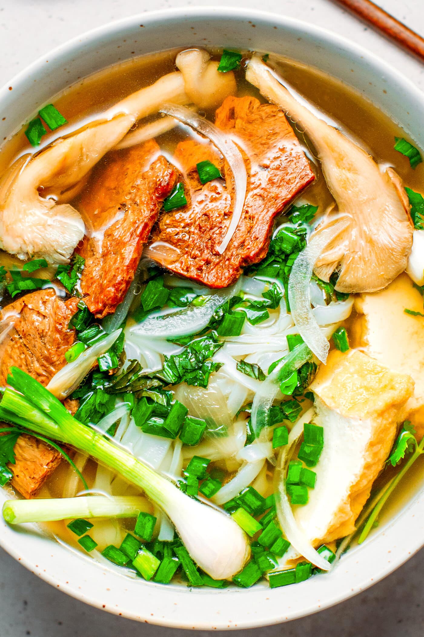 Close up of vegan pho with beef, rice noodles, and tofu.