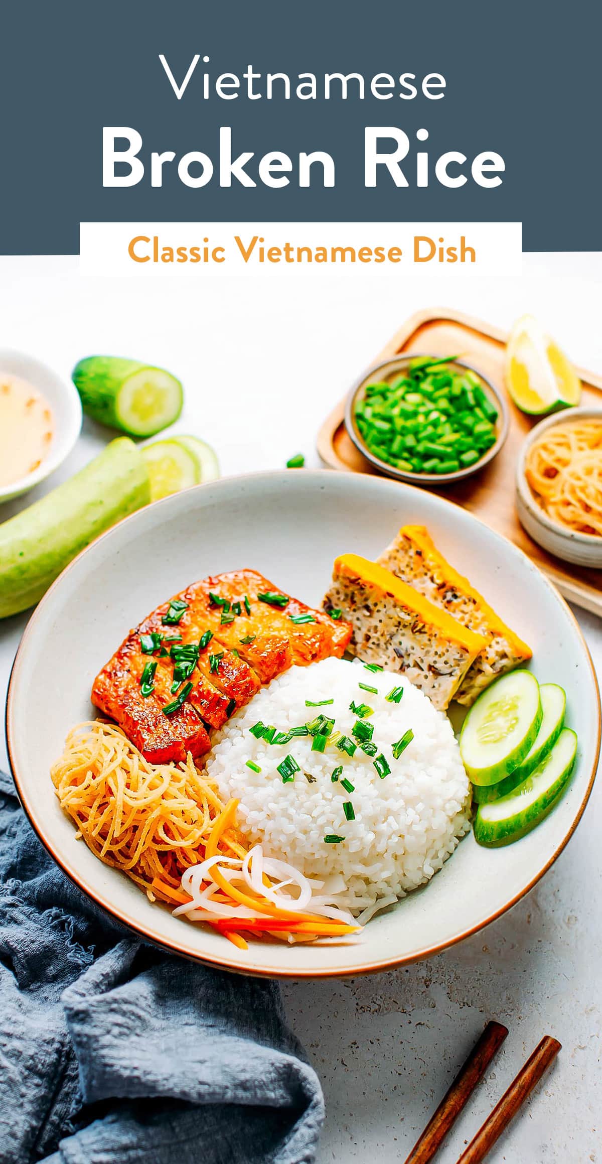 Broken rice served with vegan ribs, tofu meatloaf, pickles, and crunchy veggies! A hearty and flavorful Vietnamese dish! #vietnamese #asiancooking #vegan #plantbased