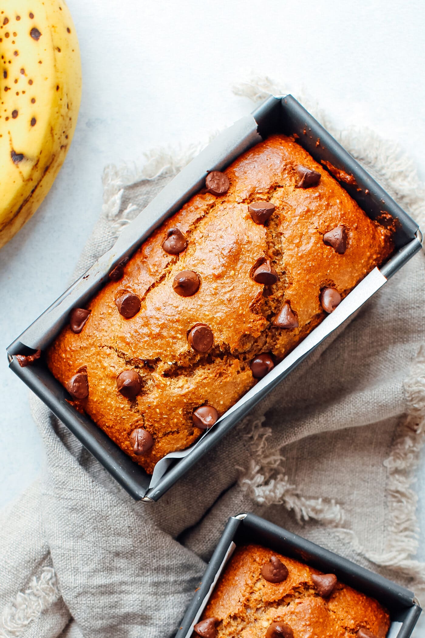 Vegan banana bread in a loaf pan.