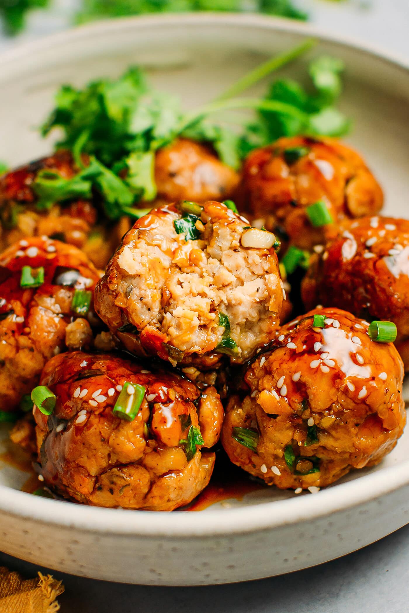 Close-up of teriyaki tempeh meatballs.