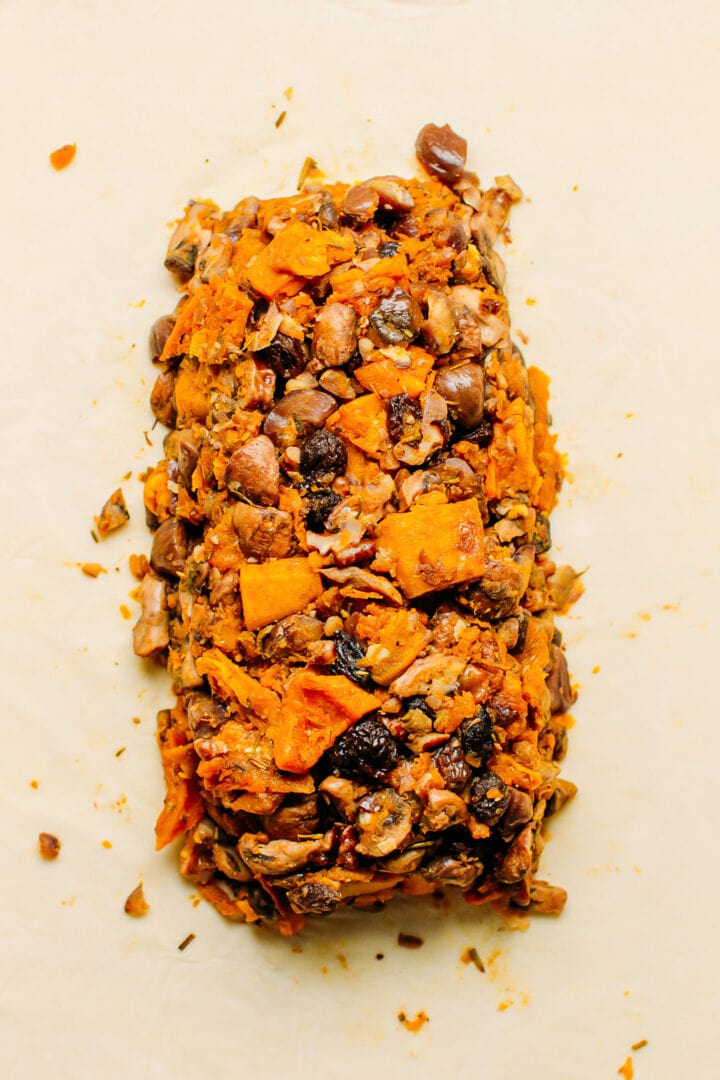 Vegetable filling on top of vegan puff pastry.