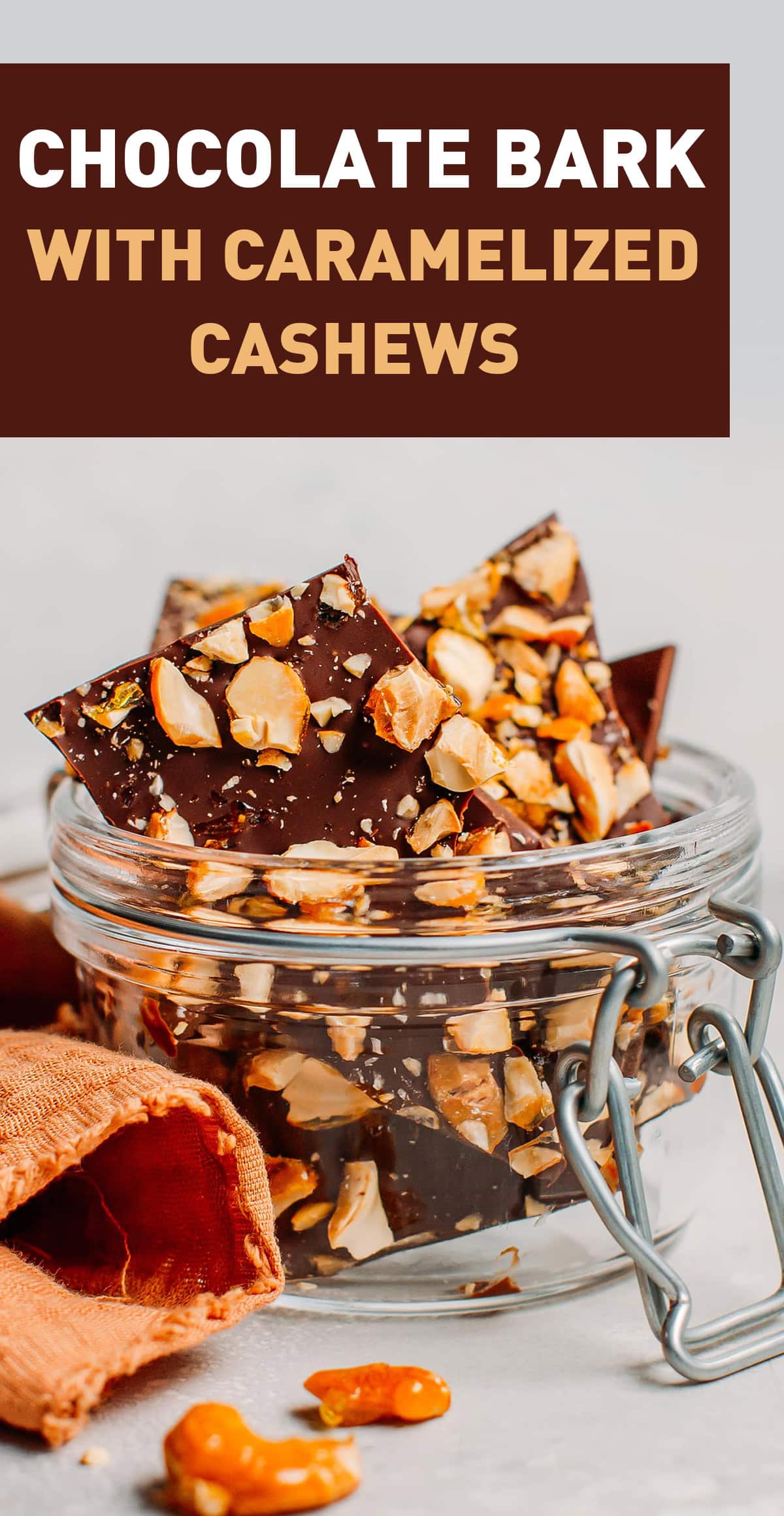 This dark chocolate bark is loaded with sweet and crunchy caramelized cashews! It's easy to make, absolutely delicious, and requires just 3 ingredients! Plus, it makes a wonderful edible gift!