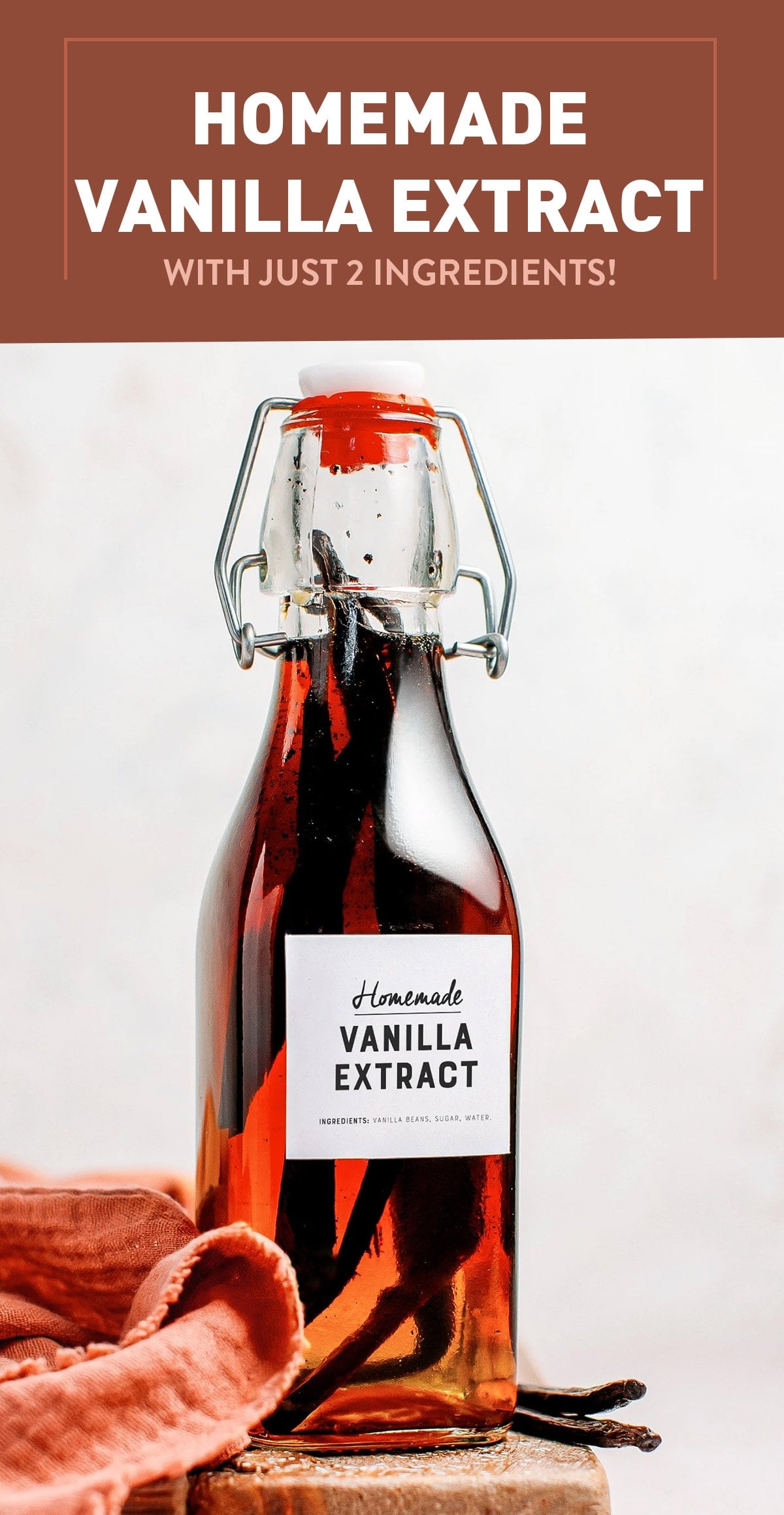 Learn how to make your own vanilla extract at home with just 2 ingredients! This alcohol-free extract is super simple to make and is packed with flavor. Use it in cookies, baked goods, ice cream, and more! #vanillaextract #vanilla #vegan #bakedgoods
