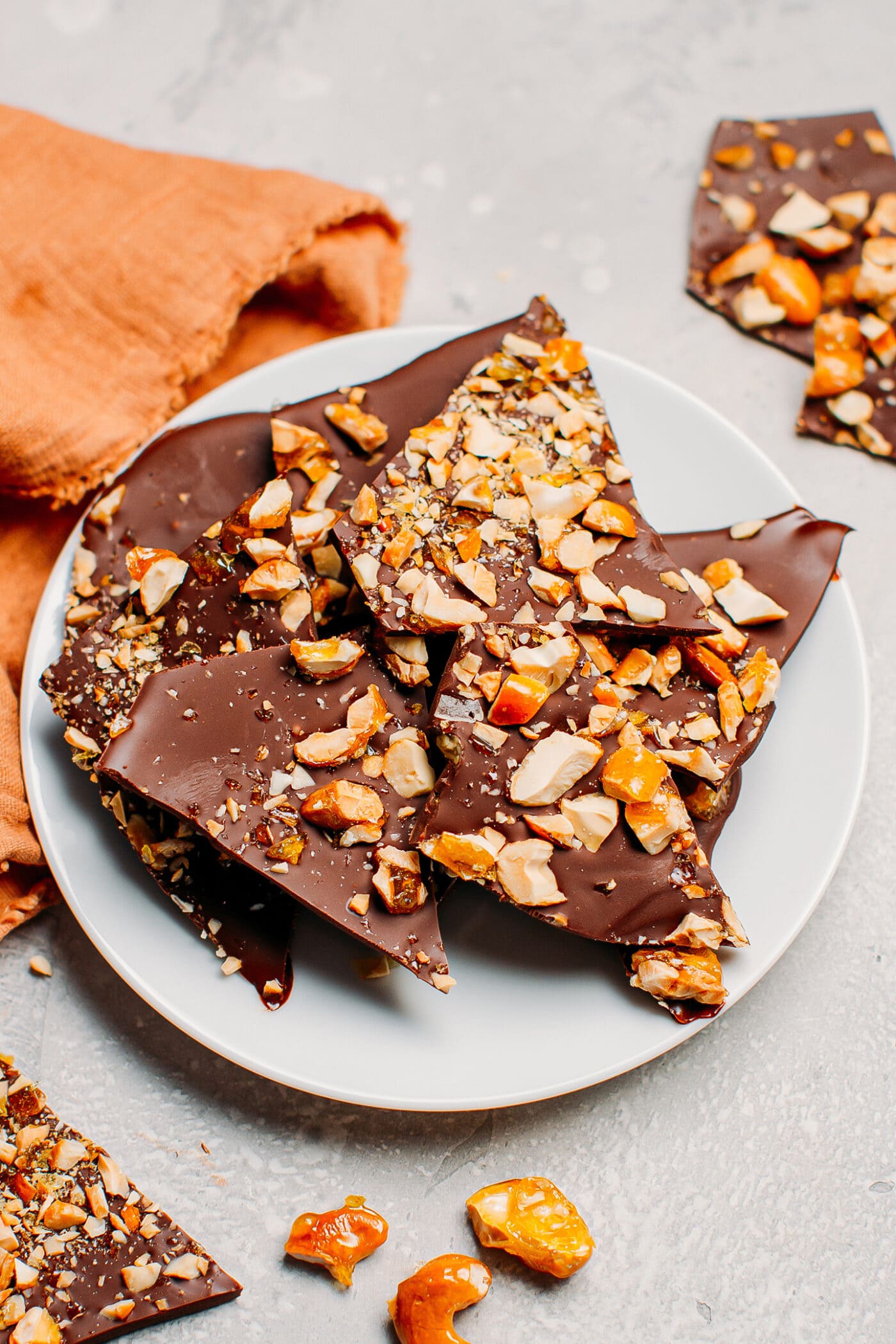 Dark chocolate bark topped with chopped cashews.