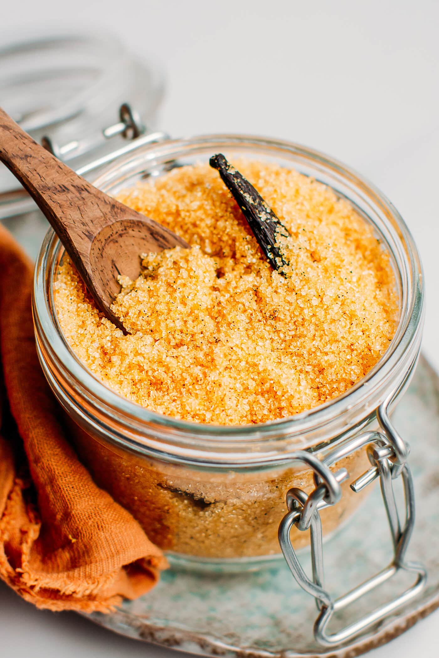 Homemade vanilla sugar in a jar.