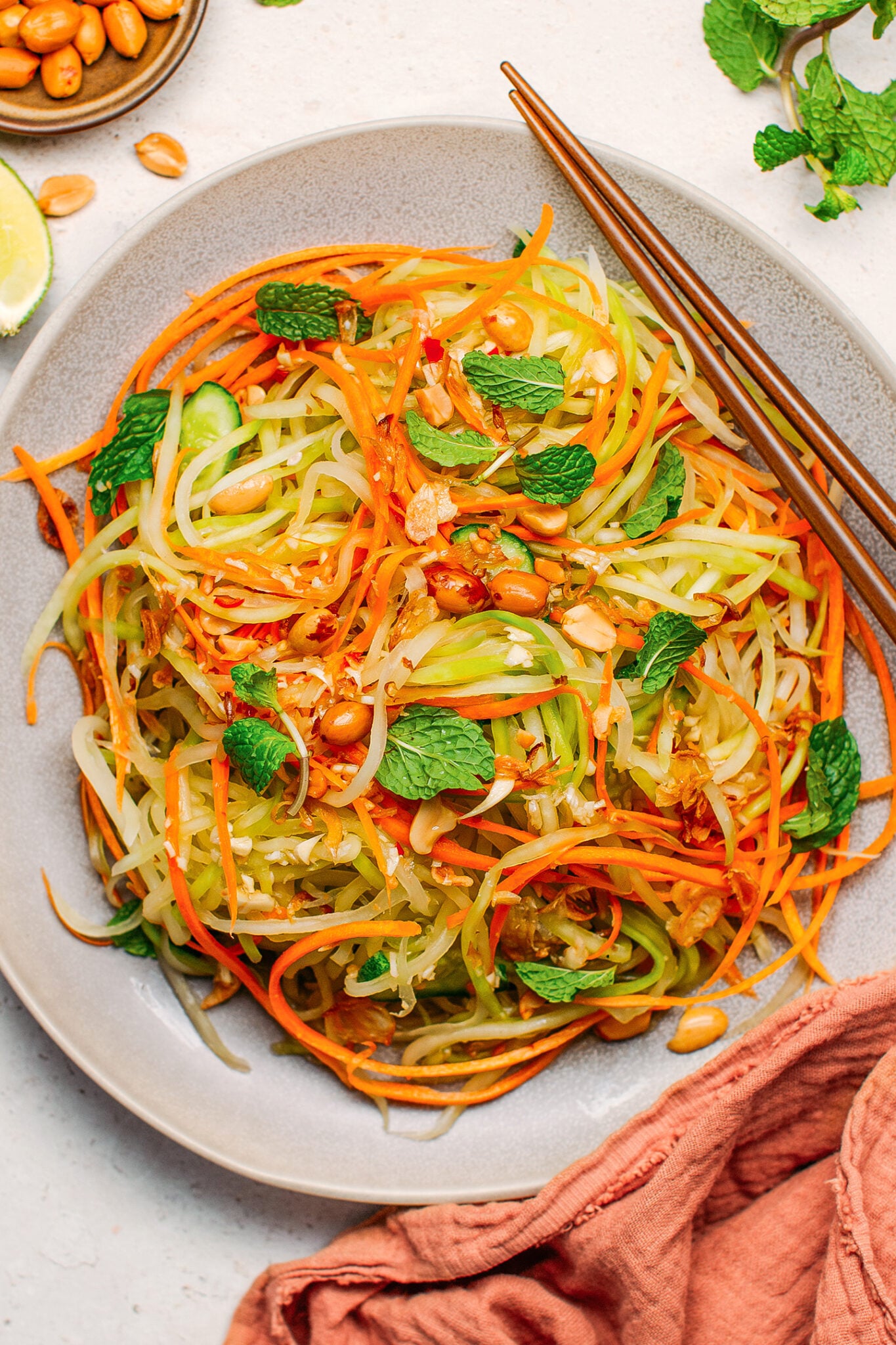 Vietnamese green papaya salad with carrots, mint, and peanuts.