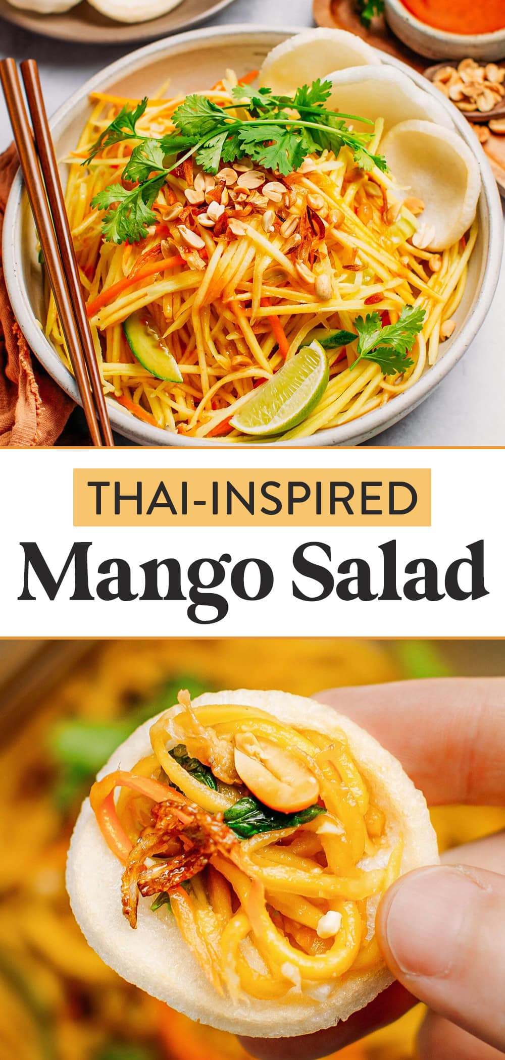 Thai-inspired green mango salad with carrots, cucumbers, and fresh herbs! It comes with a sweet, salty, and sour lime dressing. A healthy, delicious, and refreshing plant-based salad! #mango #thai #vegan
