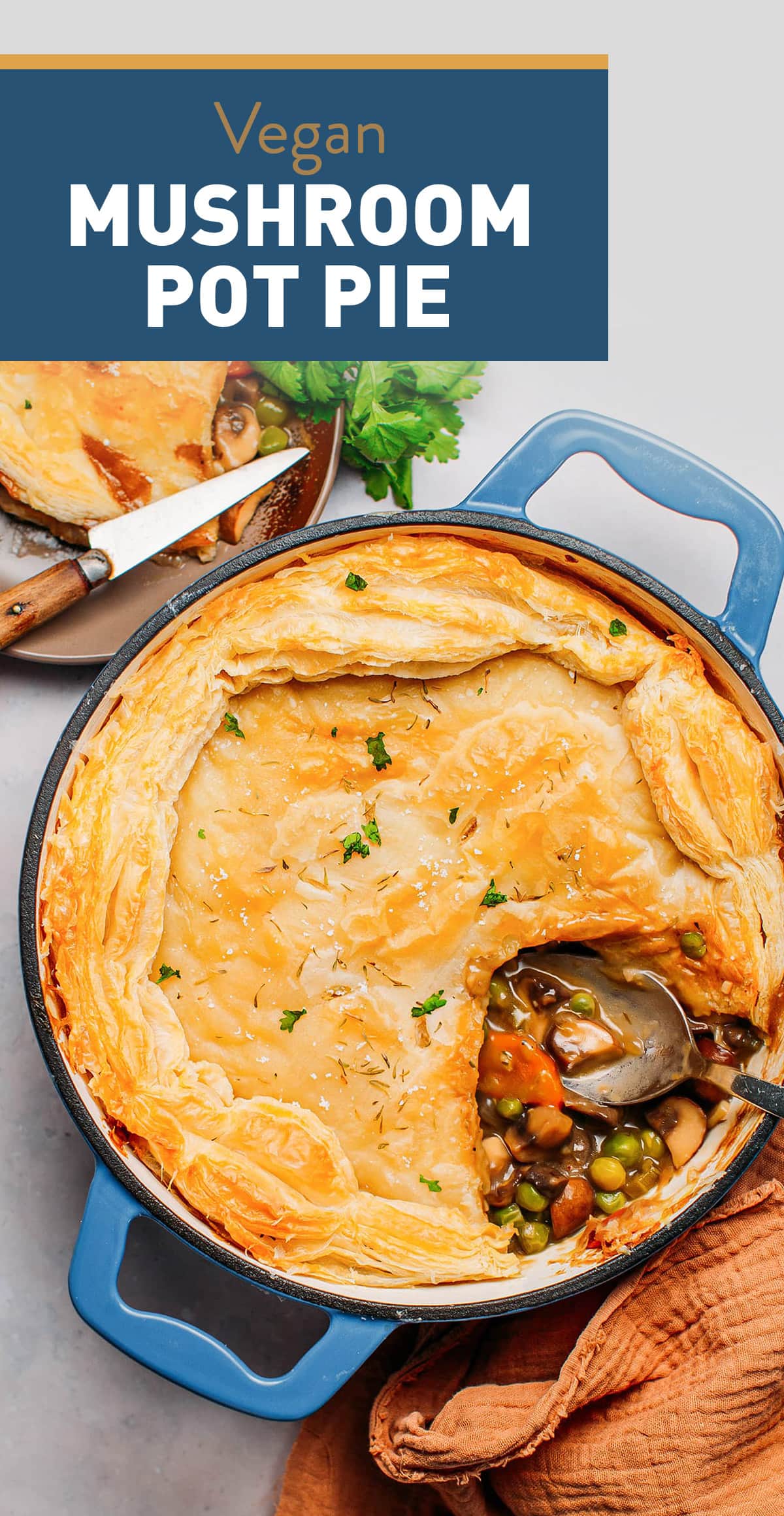 This rustic vegan pot pie features hearty vegetables like mushrooms, carrots, and green peas cooked in a rich and creamy gravy. Topped with a crispy and flaky crust, this classic one-pot dish is easy to make and so comforting!
