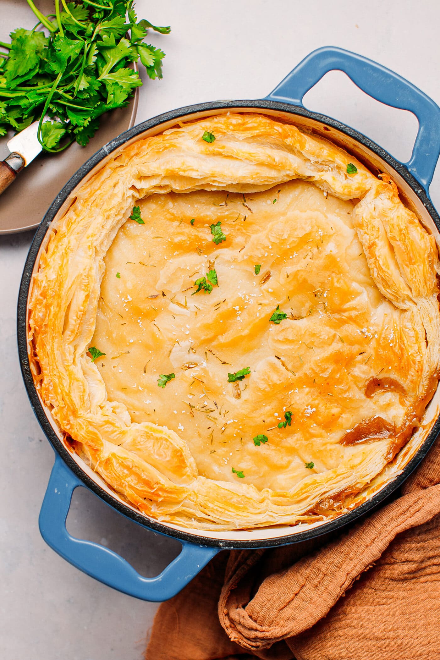 Vegan pot pie in a cast iron pot.